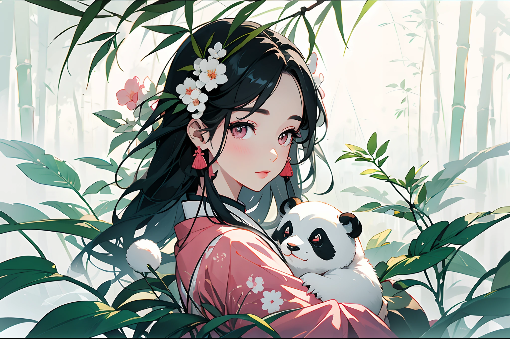 white backgrounid，Under bamboo leaves, The panda sits on a branch，（bit girl：1.5，Above the shoulder），Pink and white clothes，facial closeups，big beatiful eyes，detailed face with，Flashy clothes，Ethereal panda，(Chinese Panda)，Dreamy，Onmyoji detailed art，A beautiful artwork illustration，mythological creatures，pandas，Beautiful digital artwork
