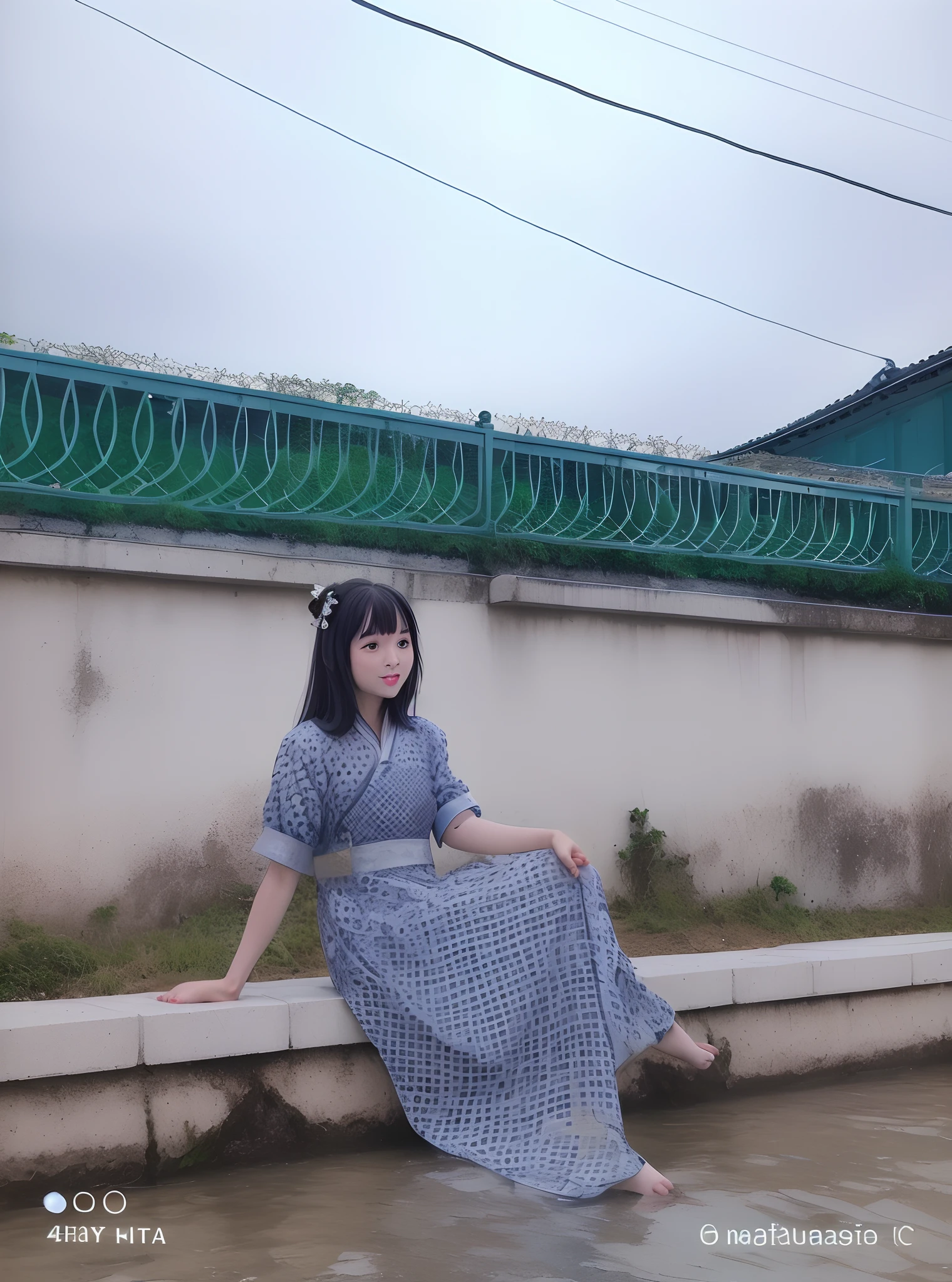 ((4k,masterpiece,best quality)), shuimobysim, traditional chinese ink painting, lotus, hanfu, maxiskit, dress conservatively
1girl, solo, long blue hair, smile, standing, feet in the water, barefoot,