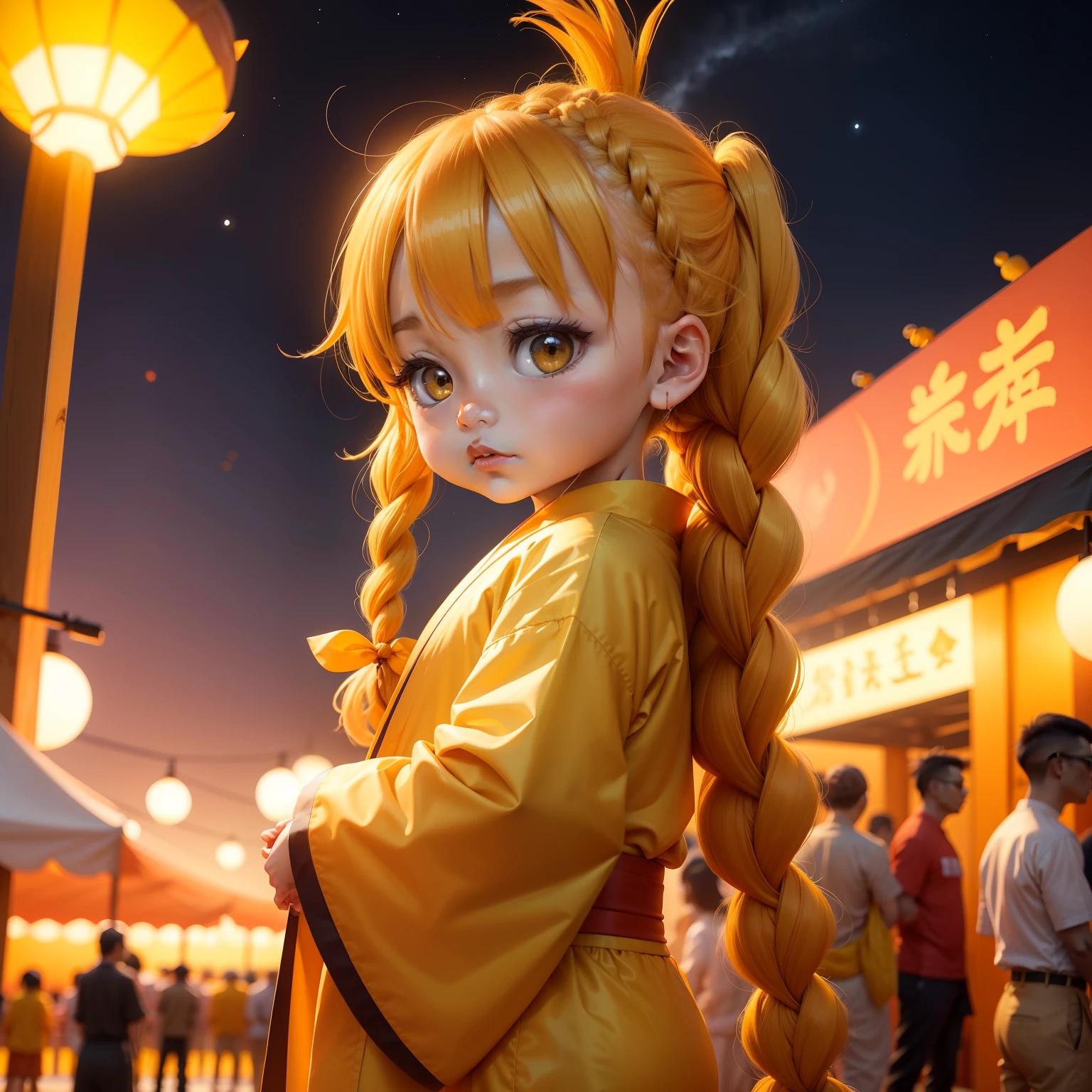 Cute Baby Chibi Anime,Yellow braided hair,Long orange and yellow kimono, Ras Al Khaimah New Year's Eve