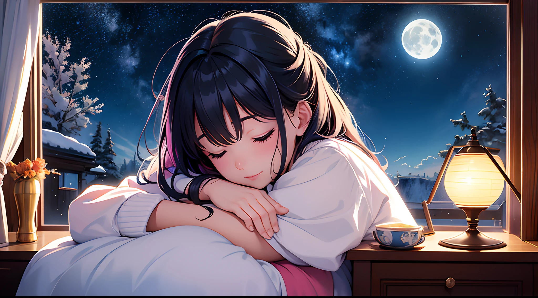 Ultra high image quality with highly detailed and colorful details8K、Woman sleeping on bed in bedroom、The room is dark、The lamp is on、Only one window、Outside the window is a starry sky、fullmoon、I can't see my face、Super colorful、Anime art wallpaper 8k, 4 k manga wallpaper, Anime Art Style