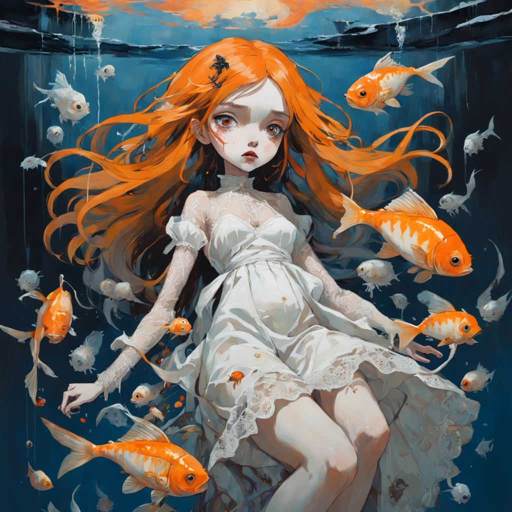 girl floating, golden fish around she, orange, Doll. In the style of Adrian Ghenie, Esao Andrews, Jenny Saville, Edward Hopper, surrealism, Dark Art par James Jean, Takato Yamamoto, Minimalisme inkpunk. Dans le style Tim Burton. Dans le style Addams Family. Dans le style Corpse Bride.