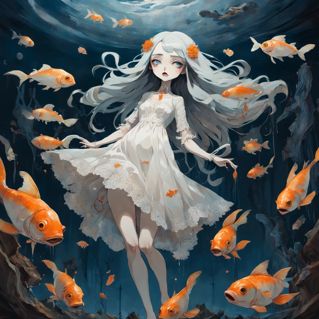 girl floating, golden fish around she, orange, Doll. white lace dress, In the style of Adrian Ghenie, Esao Andrews, Jenny Saville, Edward Hopper, surrealism, Dark Art par James Jean, Takato Yamamoto, Minimalisme inkpunk. Dans le style Tim Burton. Dans le style Addams Family. Dans le style Corpse Bride.