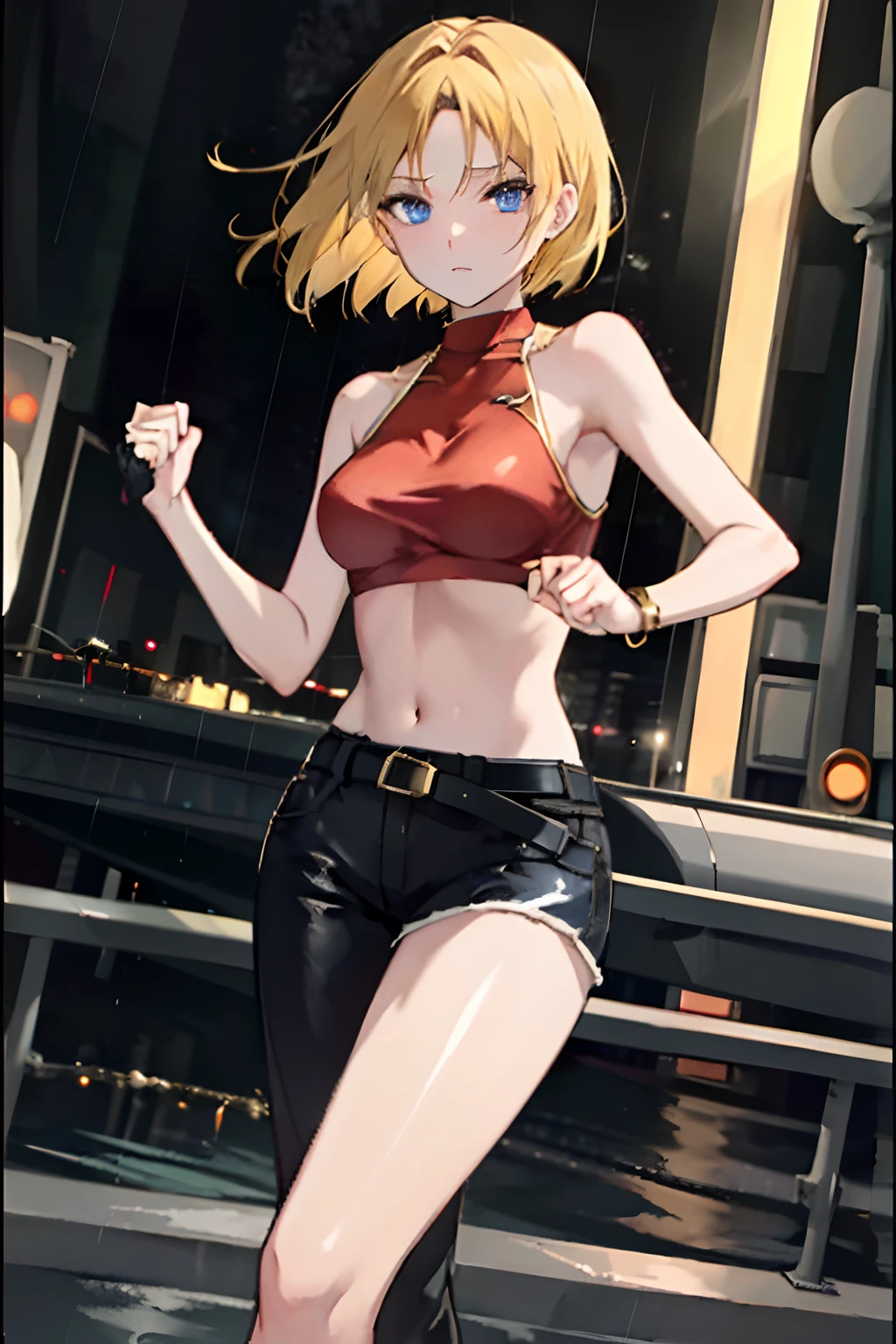 maryms,Best Quality,(beauty),masterpiece,  1girl,phisically-based render ,ultra highres,narrow waist, skinny,big eyes,long legs,(small breasts),puffy eyes, night,(rainy city), shiny skin, facing viewer, fighting stance, (make a fist),firm expression,