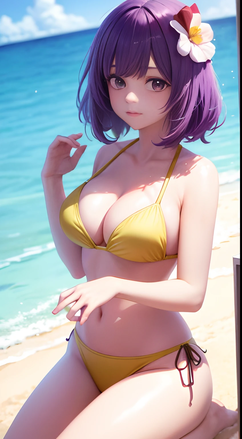 best light, Best Shadows, (Shining), quality, 1girl in, Solo, Purple medium hair, Hieda's Me,Aku Hiedano , Sea and sandy beach background, Yellow-green swimsuit, Soft smile,red blush、Colossal tits