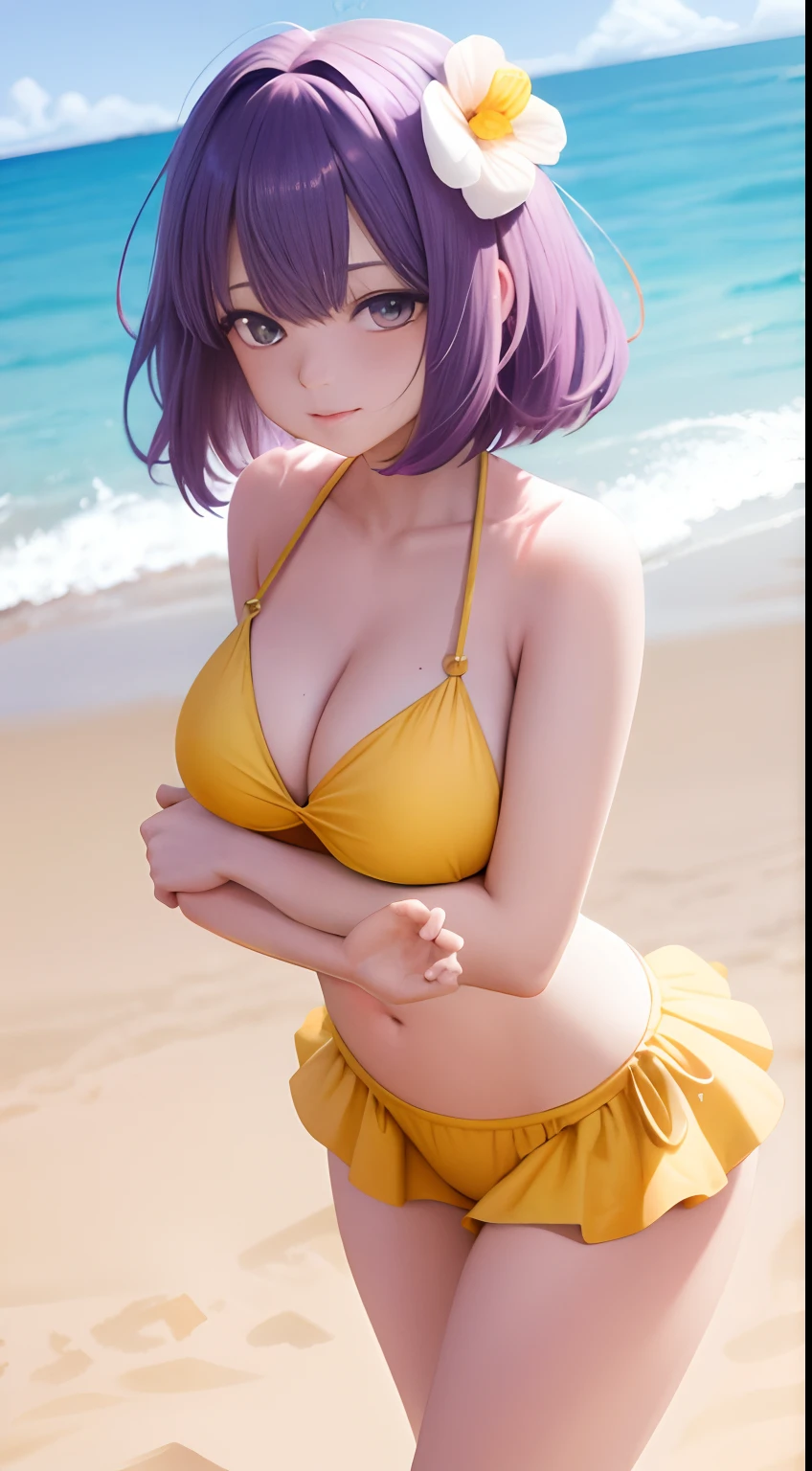 best light, Best Shadows, (Shining), quality, 1girl in, Solo, Purple medium hair, Hieda's Me,Aku Hiedano , Sea and sandy beach background, Yellow-green swimsuit,  Soft smile,red blush、Colossal tits