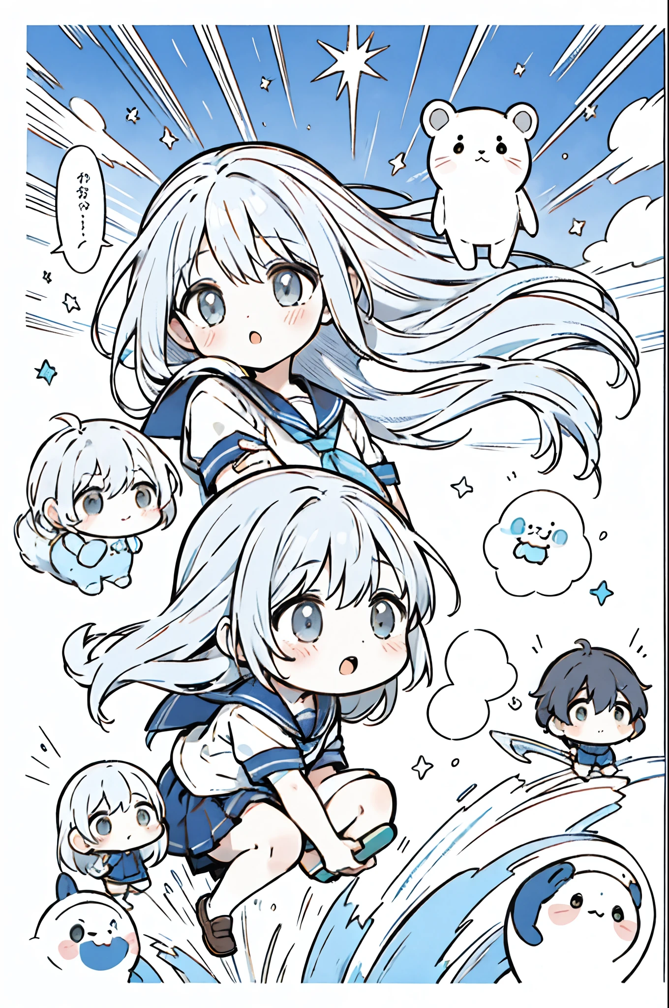 Multiple texts、Voice bubbles、(comic strip)、cute little、School Story、One Point Blue、(Tales under the blue sky)、cover page、(Girl holding a stuffed animal)、plushies、1boys、1人、youthfulness、comic strip、Hair that flutters in the wind、Long grey hair