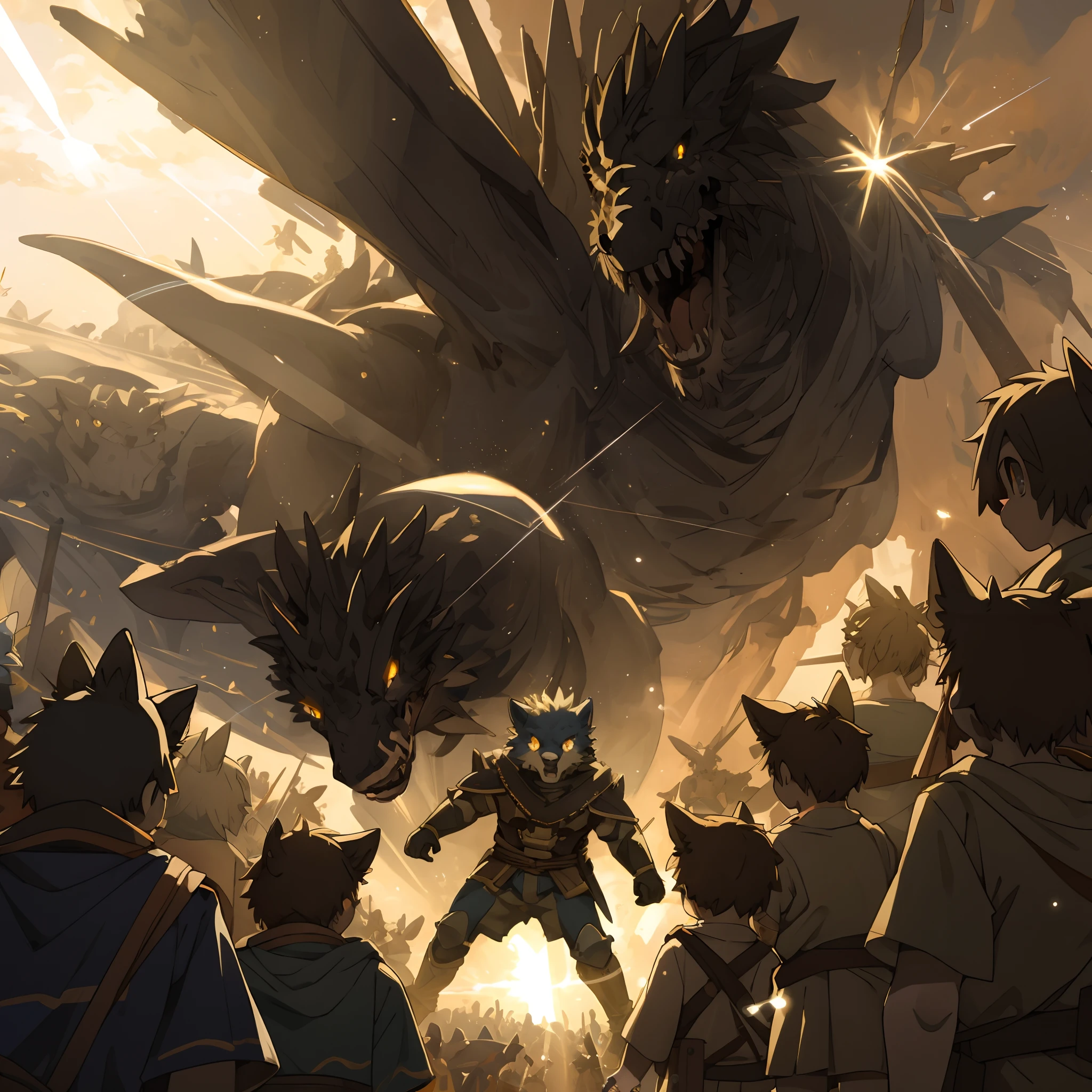 top quality, best quality, High-quality illustrations, masterpiece, super high resolution, detailed background, Back alleys((battle movie of Terrifying creatures and human child)), 6+boys, 6+girls, absurdres(highly detailed beautiful face and eyes)perfect anatomy, expression, caustics, light rays, dynamic lighting, light particles, lens flare, cinematic shadow(kemono, furry anthro)assorted poses, dynamic angle,