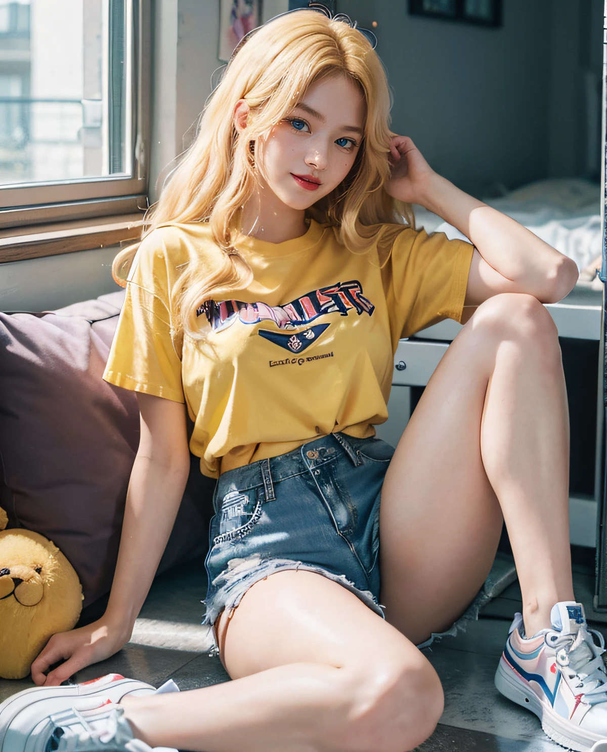 1girl, (Blue Eyes), smiling, (Sana Minatozaki), wide hips, Big Boobs, big ass, (Best Quality, 8k, Masterpiece: 1.3), Clear Focus: 1.2, Perfect Body Beauty: 1.4, Slender Abs: 1.2, Highly detailed face and skin texture, detailed eyes, double eyelids, red lips (long blonde hair), (violet, yellow t-shirt), (shorts jeans), (sneakers), look back, age girl room, teddies