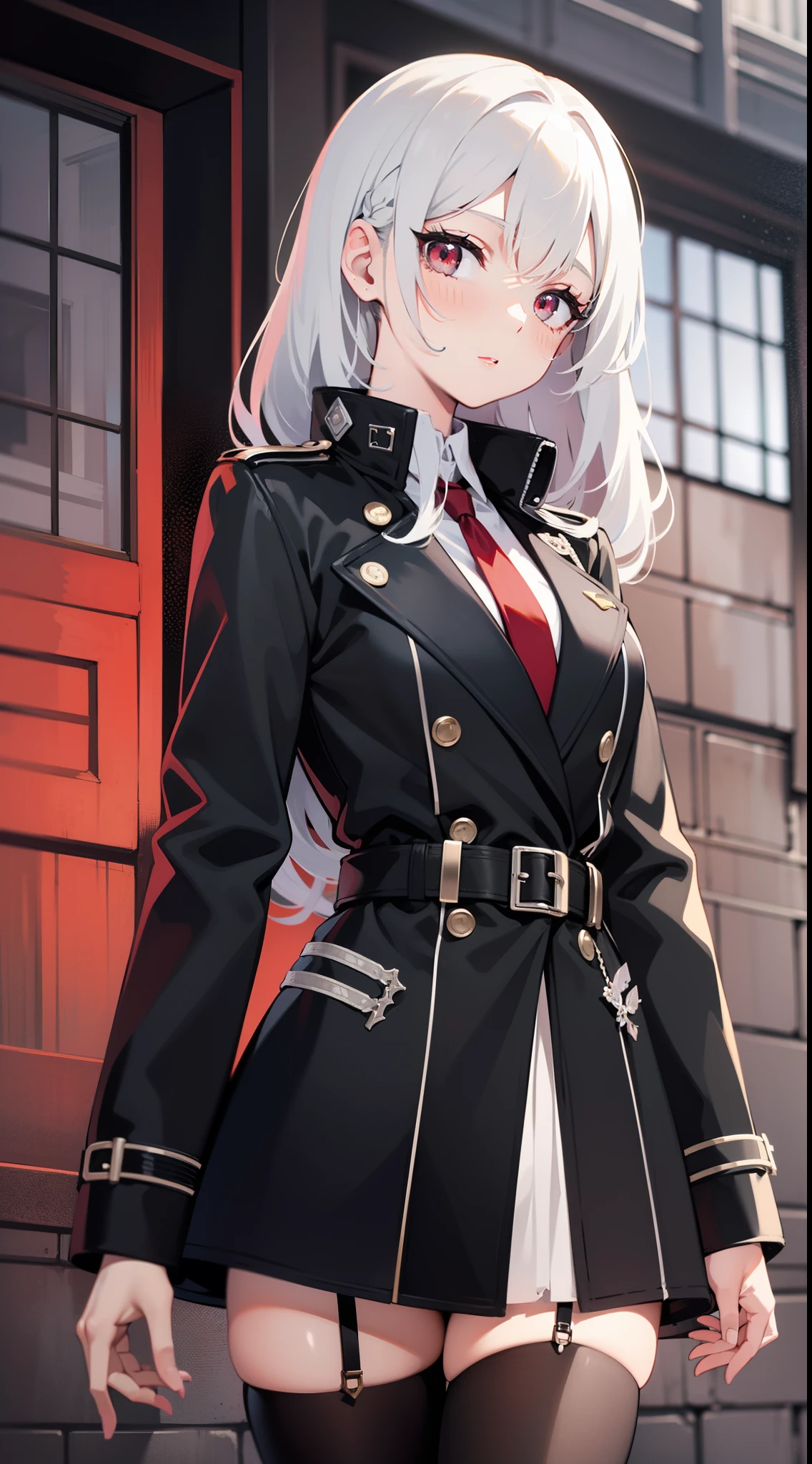 Anime shoujo，Master masterpieces，a black trench coat，red color eyes，White color hair