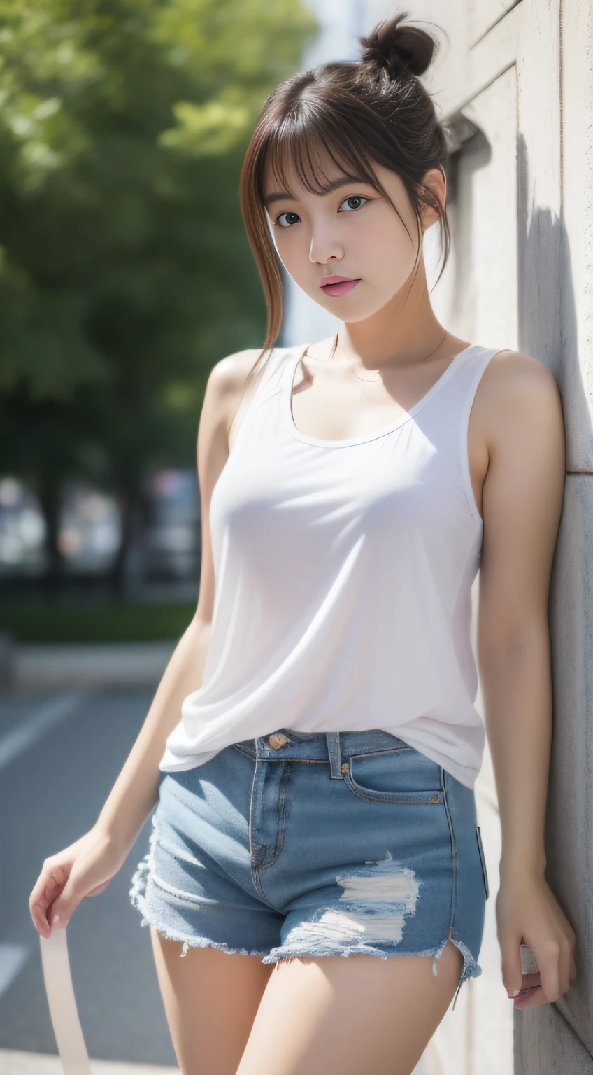 highest quality、8k quality、20-year-old woman covering her breasts with her hands、An oversized T-shirt worn loosely、Short skirt、Beautiful thighs、Soft breasts、Looking up at the photographer、Bend on one knee、Shot from the top of the front、Well-groomed, mature face、Beautiful cleavage、Hands at chest position、Up ponytail