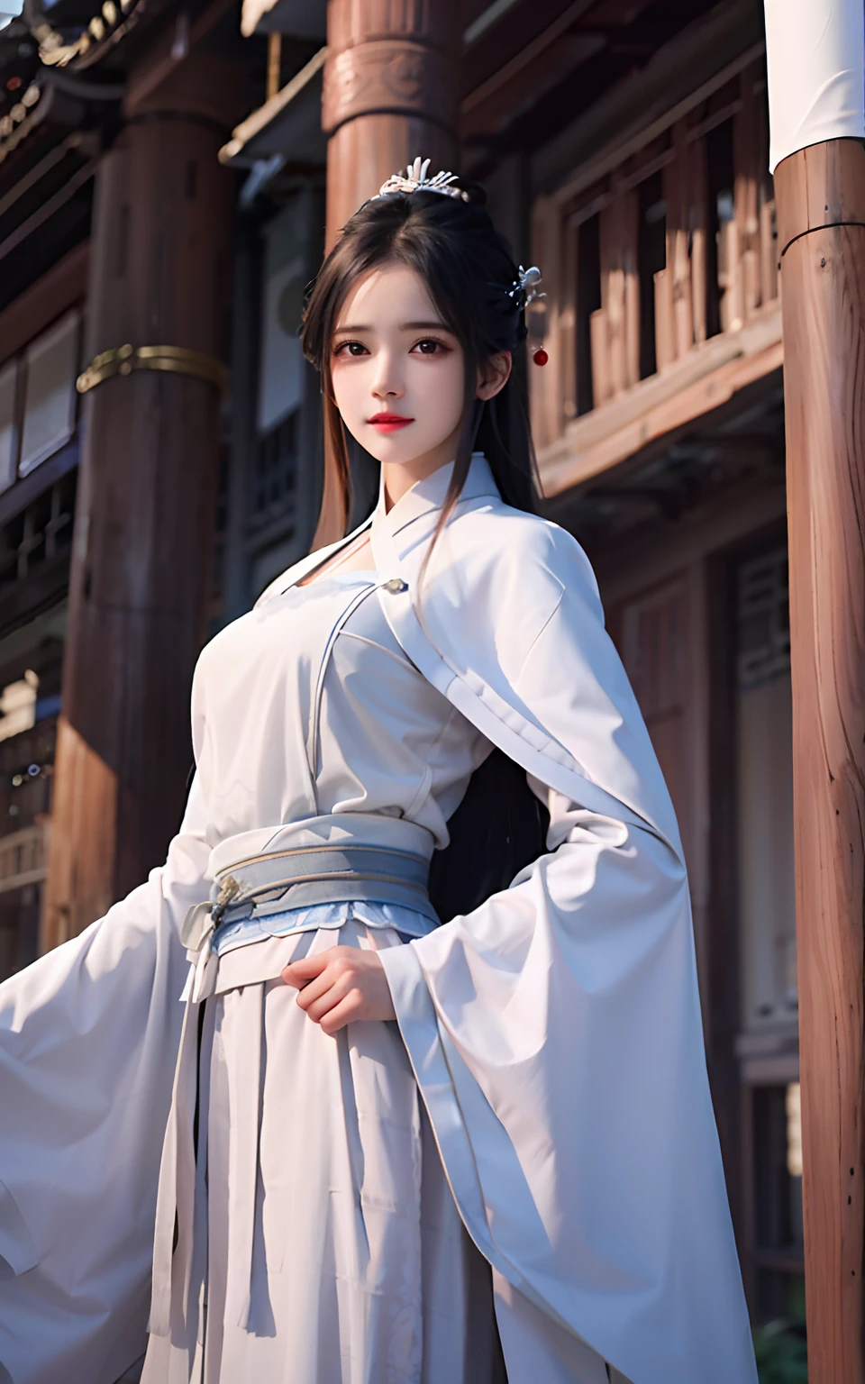 A woman in a white dress stands in front of a building, White Hanfu, Palace , A girl in Hanfu, Wearing ancient Chinese clothes, Hanfu, Traditional Chinese clothing, with acient chinese clothes, flowing white robe, flowing hair and long robes, Chinese costume, full-body xianxia, full-body wuxia, flowing magical robe