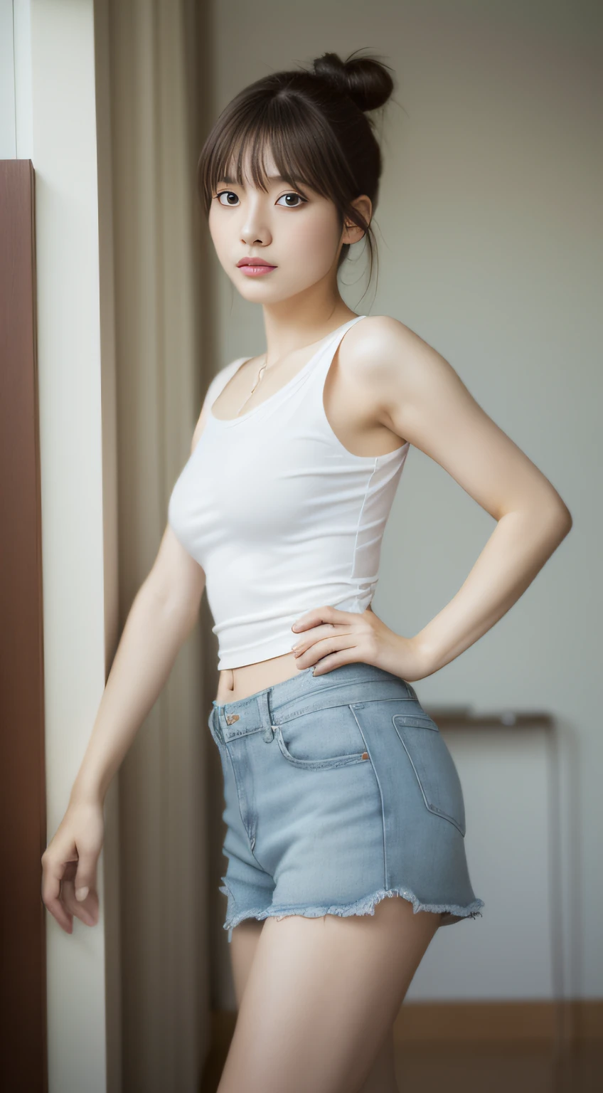 tmasterpiece、Top Quality、(reallistic、Photorealcitic:1.4)、(Raw-Photo:1.2)、very elaborate CG Unity 8K wallpaper、Very delicately beautiful.......、majestueux、attention to detail、offcial art、absurderes、Unbelievably ridiculous resolution、huge file size、Extremely fine、very elaborate、beautiful eyes and face、Beautiful exquisite eyes、light on the face、1 girl in、navels、The upper part of the body、Grey sleeveless shirt、Bare wrist、By Bangs、Uljang-6500-V1.1, Big breasts, thick-thighs, (((miniskirt))), Unique poses, ((a bun)), Sneakers,