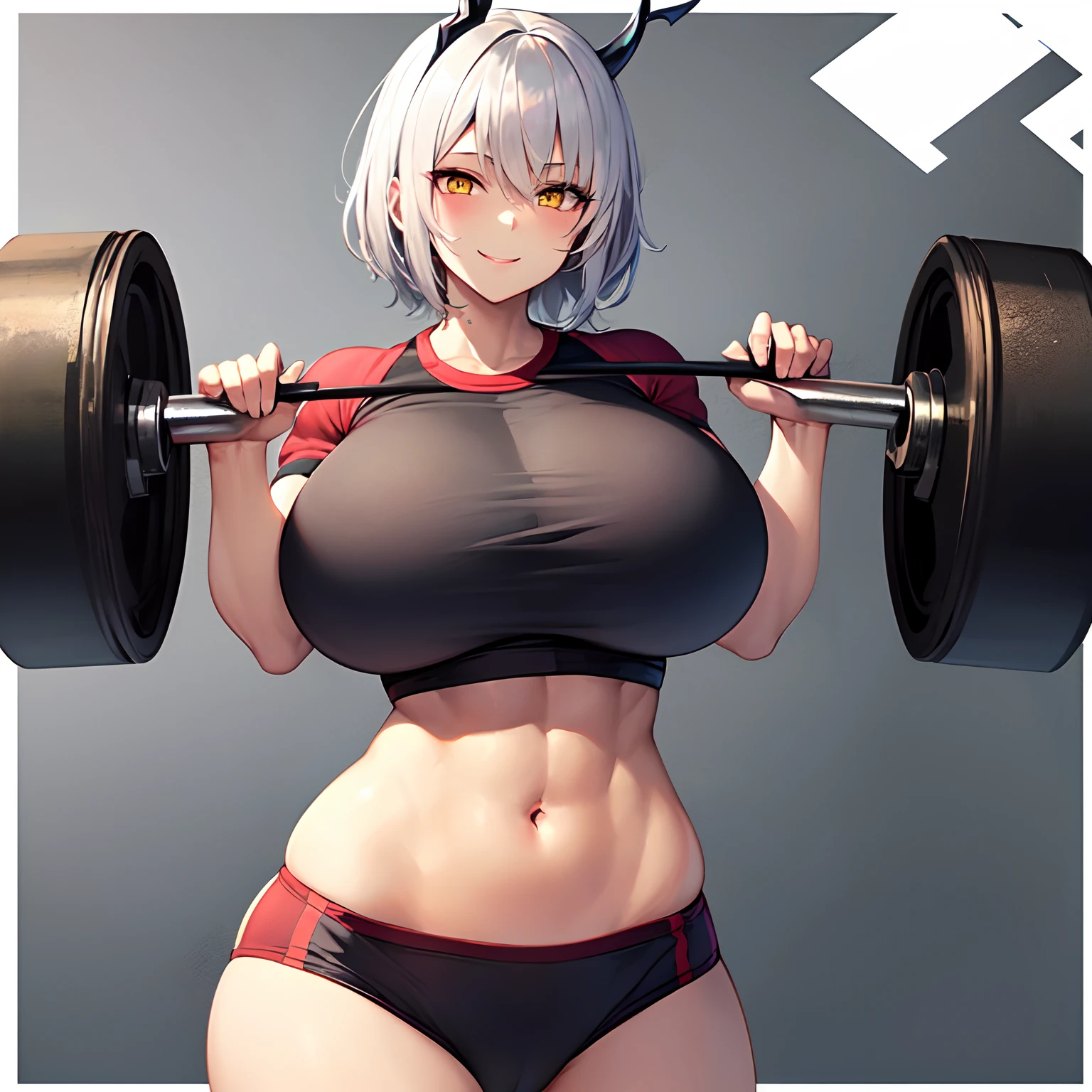 1girl, dark skin, silver hair, short hair, yellow eyes, dragon horns, muscular, , smiling, gym outfit, crop top, wide , (gym background, detailed background), milf