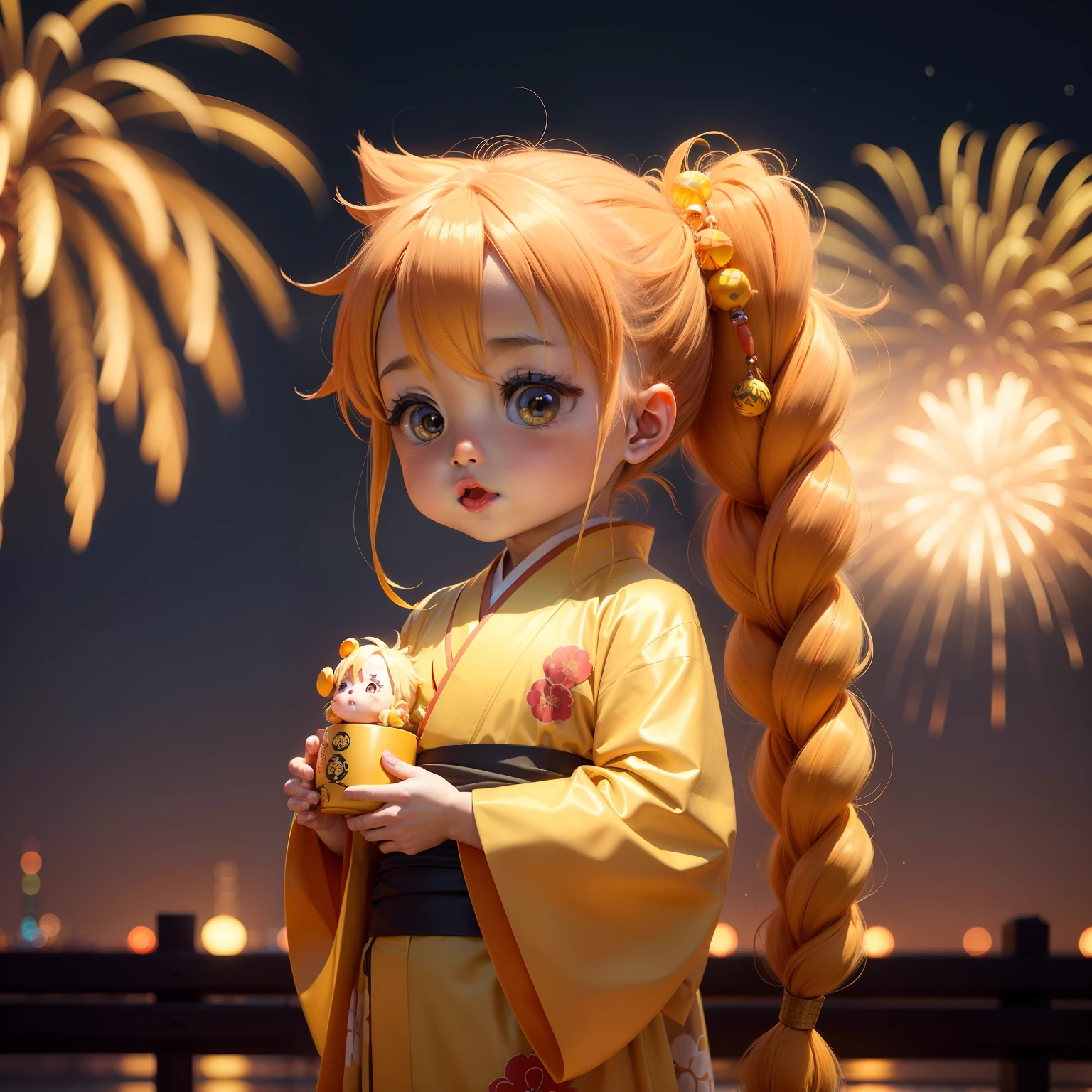Cute Chibi Anime,Yellow braid hair,Long kimono with orange and yellow Japanese pattern, Ras Al Khaimah New Year's Eve fireworks display