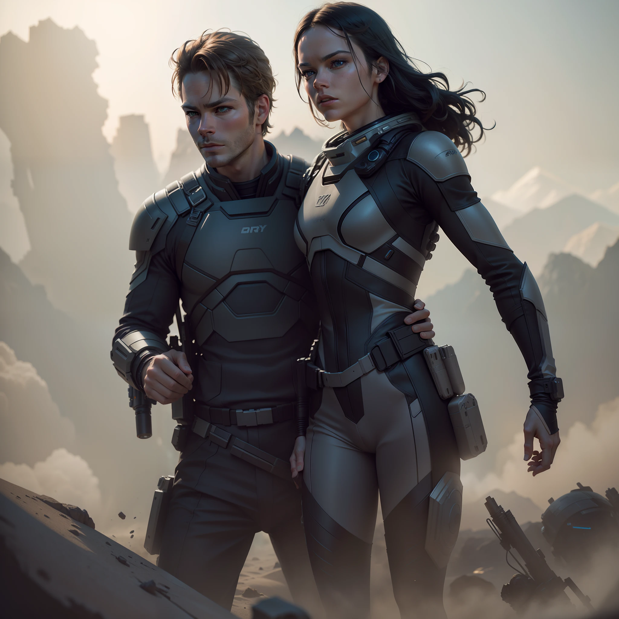 a close up action shot of epic Sci fi Chris Pine and Hot Daisy Ridley adventure , Detailed clothing details, Liquid effect, space, Interstellar battlefield photography, natural light, photorealism, cinematic rendering, ray tracing, the highest quality, the highest detail, Cinematic, Third-Person View, Blur Effect, Long Exposure, 8K, Ultra-HD, Natural Lighting, Moody Lighting, Cinematic Lighting