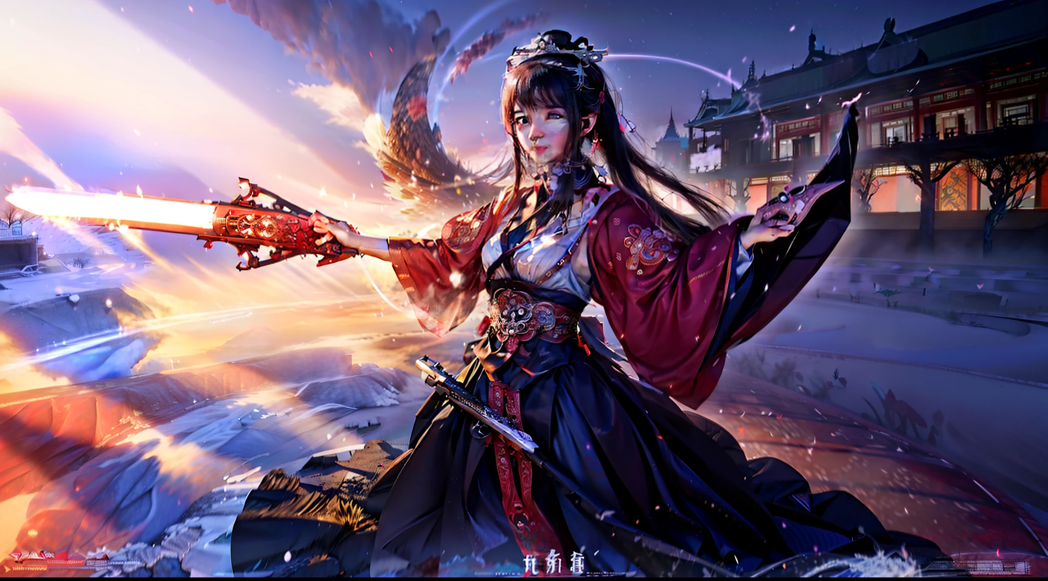(Ultra high quality、China-style、quadratic element、It's epic、Stunning facial details,Girl in Han costume holding a glowing Chinese sword,The sword levitates around,Huge ancient Chinese palace,Ray traching)
