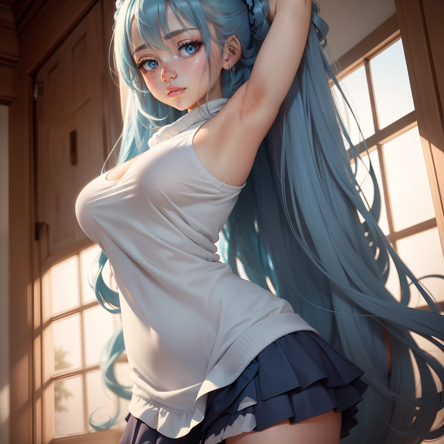 **An anime girl with flowing, ethereal blue hair cascades down her back, framing her delicate face and contrasting beautifully with her flawless, fair skin. Her eyes are a mesmerizing shade of deep blue, capturing an innocent yet captivating allure. Dressed in an oversized, cozy white sweater that hints at her figure beneath, she exudes an air of comfort and intimacy. Her attire is completed with a short, playful mini skirt that reveals a tantalizing glimpse of thigh-high leggings, creating a balance of innocence and allure. Leaning forward with a gentle stretch, her cheeks are adorned with a soft blush, accentuating her bashful expression as she gazes directly into the camera. The interplay of light and shadow enhances the contours of her form, emphasizing her charm and creating an atmosphere of quiet intimacy.