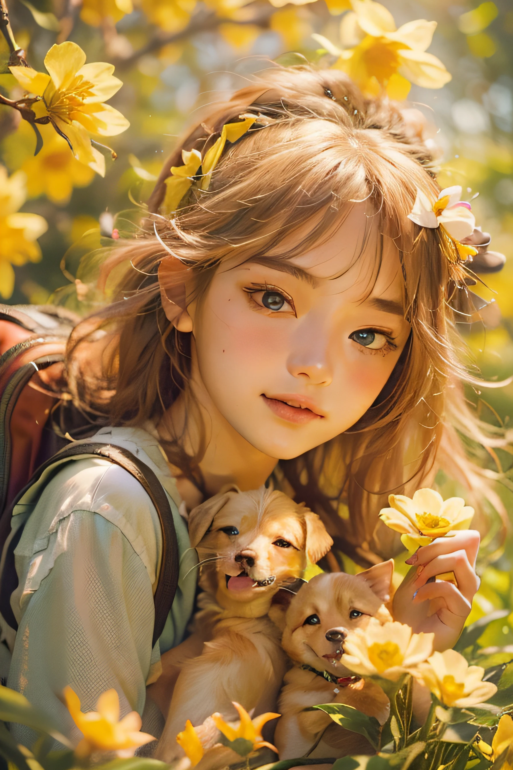 bright expression、Foto realism、top-quality、超A high resolution、A picture，A photo of a delicate and beautiful little girl、Extraordinary beautiful girl、Detailed cute and beautiful face，Carrying a backpack and her cute puppy，Enjoy a beautiful spring walk，Surrounded by beautiful yellow flowers and nature.alice in the wonderland