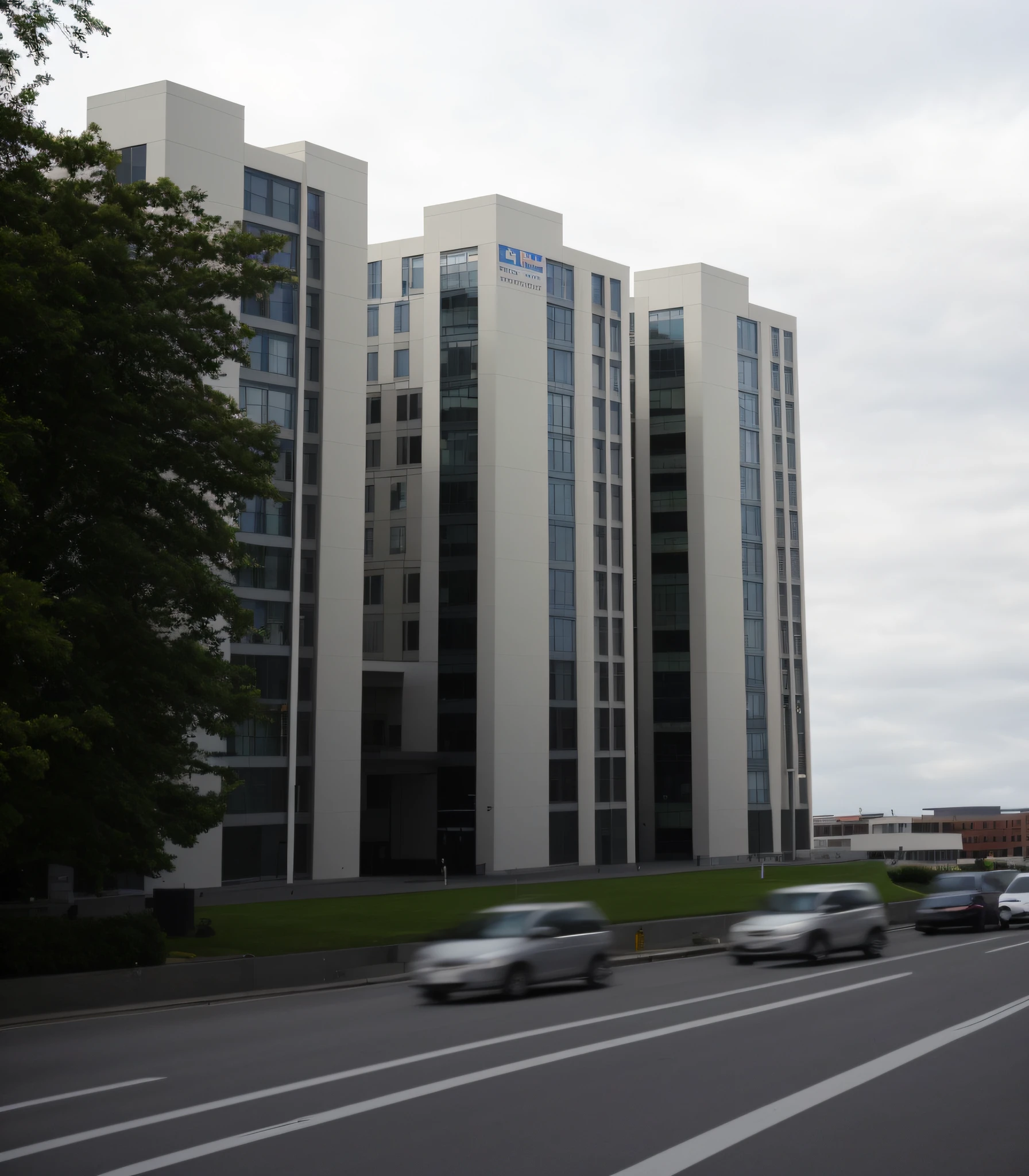There is a building,Parking in front, Office building, modern technology building, medical research facility, Vibrant and dynamic, exterior wide shot, high-quality picture, Reality Photos, modern high sharpness photo, arhitectural shot, wide angle photo, commercial photograph, endless empty office building, high res photograph, high detail photo,with blue sky and white clouds,sunny clear sky,Buildings in the distance