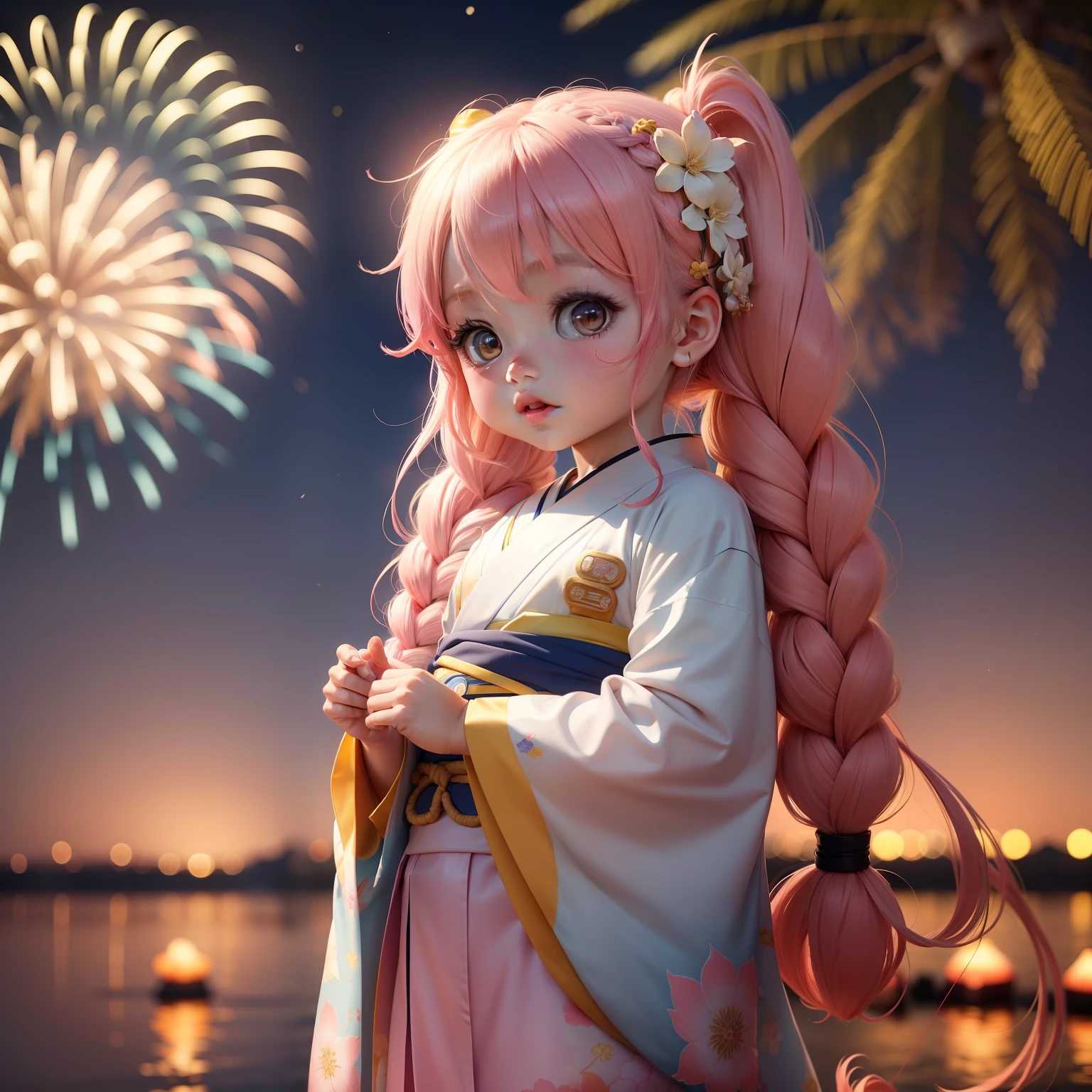 Cute Baby Chibi Anime,Yellow braid hair,White, pink and blue kimono, Ras Al Khaimah New Year's Eve fireworks display
