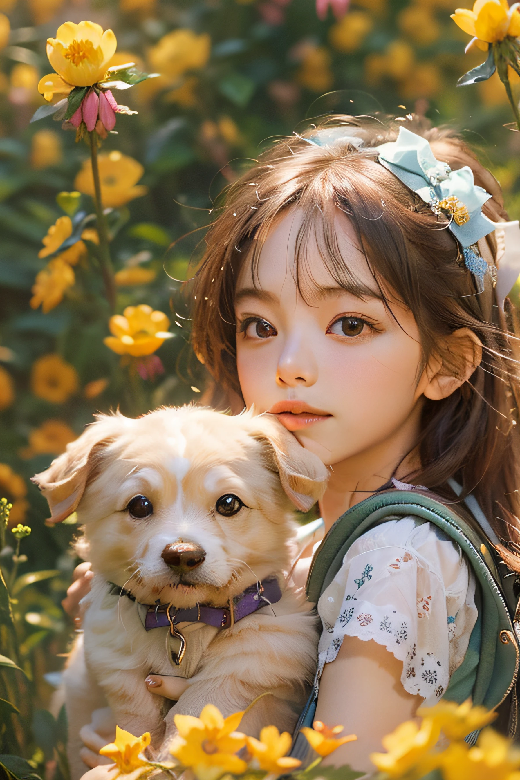bright expression、Foto realism、top-quality、超A high resolution、A picture,A photo of a delicate and beautiful girl、Extraordinary beautiful girl、Detailed cute and beautiful face,Carrying a backpack and her cute puppy,Enjoy a beautiful spring walk,Surrounded by beautiful yellow flowers and nature.alice in the wonderland