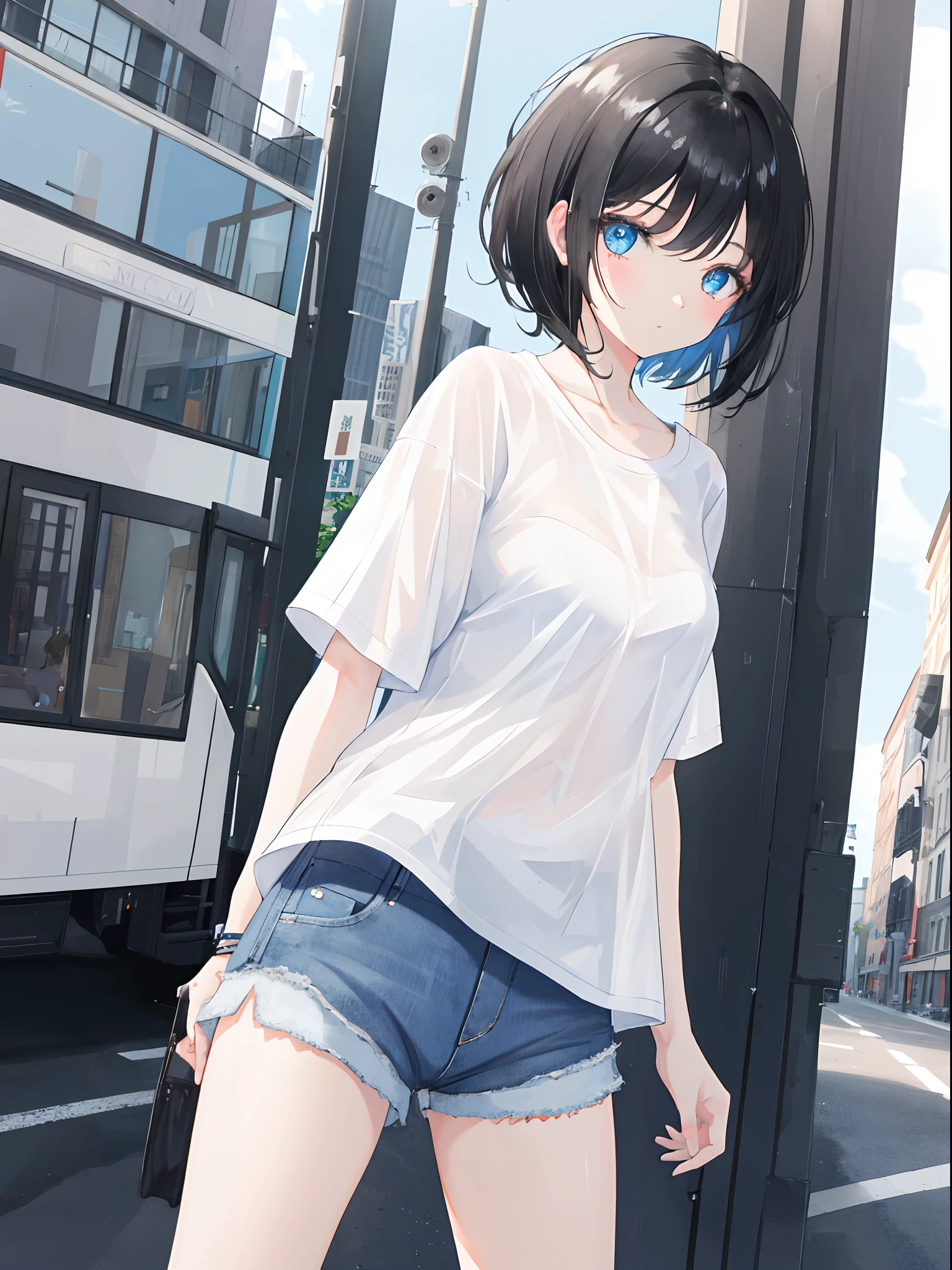 1girl, short black hair, blue eyes, wearing plain white shirt, denim shorts, city, absurdres, high res, ultrasharp, 8K, masterpiece, looking at viewer