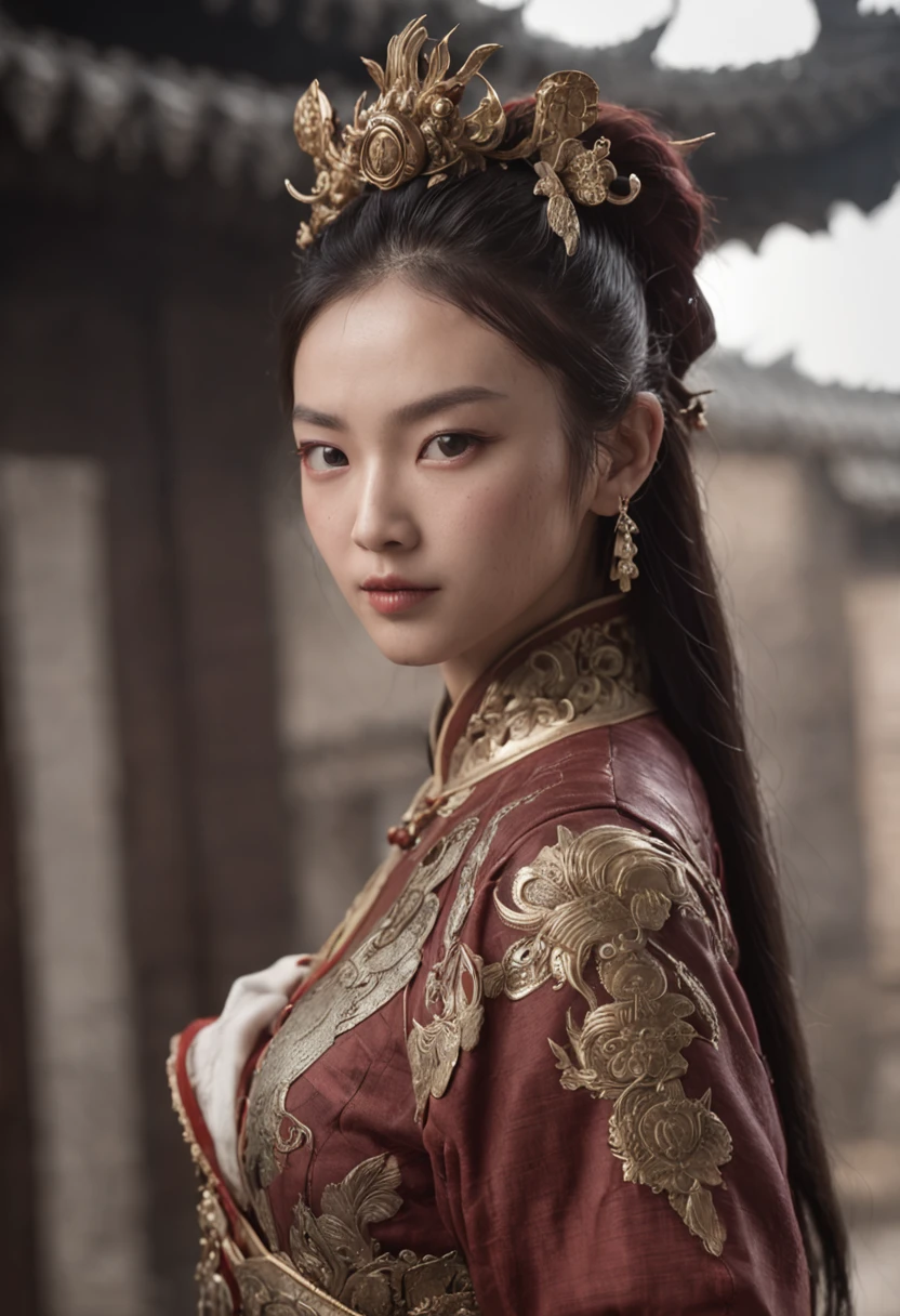 Feng Shen List，tmasterpiece，ultra fine photos，，best qualtiy，超高分辨率，Photoreality，Chiaroscuro，full-body portraits，stunningly beautiful，dynamicposes，delicated face，Bigchest，Murderous eyes，（seen from the side），She wears ancient Chinese armor，very highly detailed background，detailed face with，Detailed and complex busy background，Untidy，opulent，milkyW，Highly detailed skin，Realistic details of skin，Visible Pore，tack sharp focus，volume fog，8K  UHD，digital SLR camera，high qulity，filmgrain，White skin of the，photo-realism，DL，Huge metropolis in a dystopia of the future , look from down, semi transparent