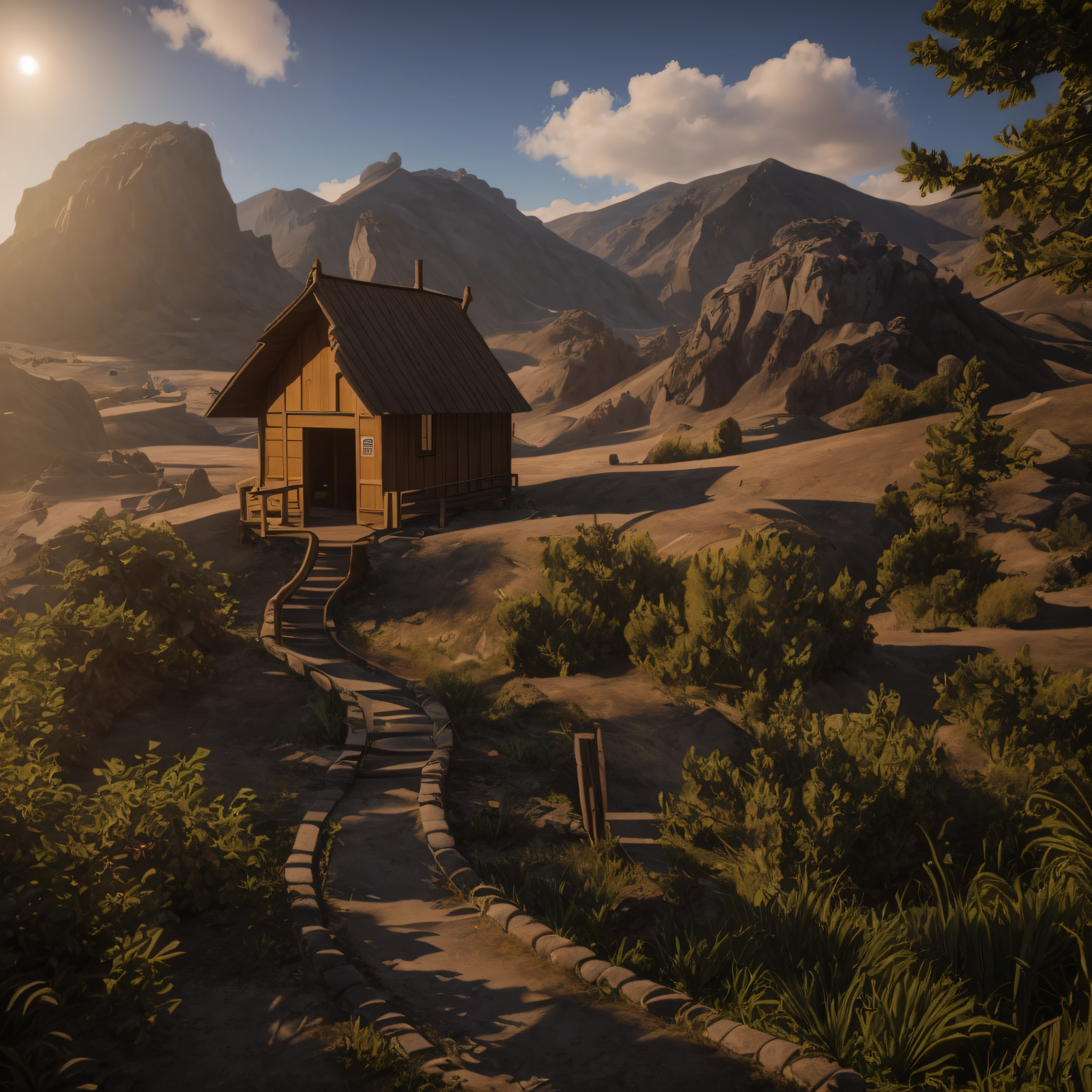 There is a small wooden hut on a hill with a path, beautiful render of a landscape, Pintura fosca renderizada em 3D, pintura fosca motor irreal, Aldeias , Motor irreal, paisagem fotorrealista, pintura fosca fotorrealista, pintura fosca altamente detalhada, hdr render in unreal engine 5, renderizado em Motor irreal 4k hq, renderizado em Motor irreal 4 k hq