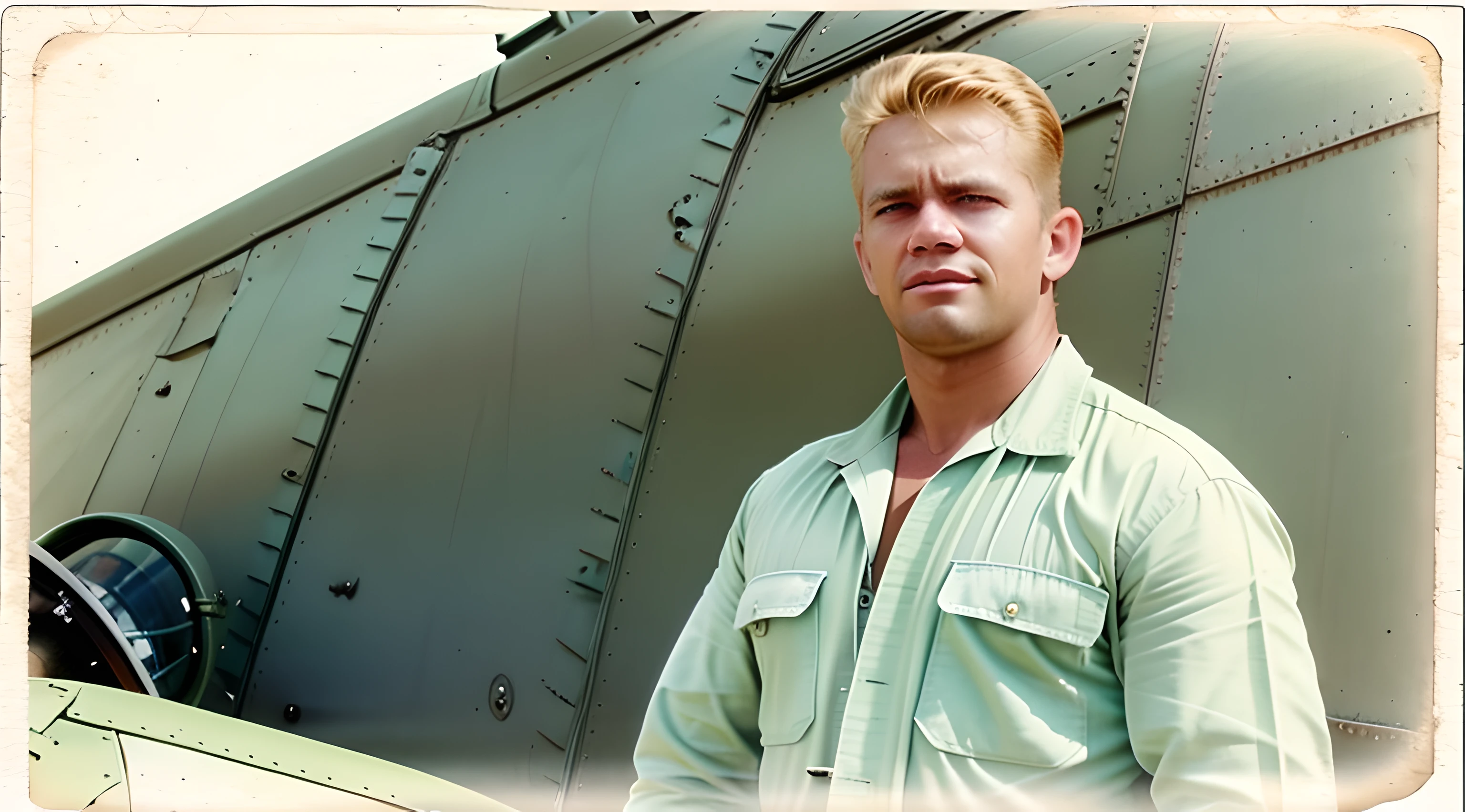 Vintage watercolor of a man with blonde hair and blue eyes in a green military aviator jumpsuit, in front of a warplane. Imagem de corpo inteiro, hyper realismo, Arte intrincada, Foto premiada, 8k