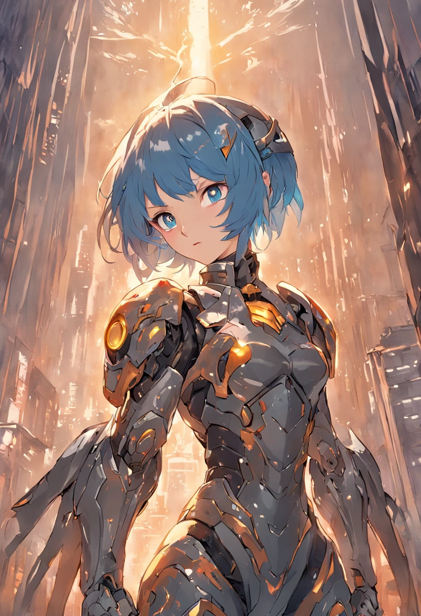 Just a beautiful woman, Wearing a mecha suit+Medieval armor+Samus Alain black garment with gold metal fittings, blue hair, extremely short hair, the hair,Bangs in front of the eyes, helmet on her head, looking at viewert, (((Extroverted postural interaction and dependence on something))), in city, vehicles, makina, ogre, Grande Estrutura em Escala, Beautiful scenery background with sunset, ((full bodyesbian):1.5) ,((Super Metroid)), 16k, hyper HD, Best quality at best, ((Ultra detailed):1), Best resolution, Unreal Engine 5, Professional photography, Perfect_Hands