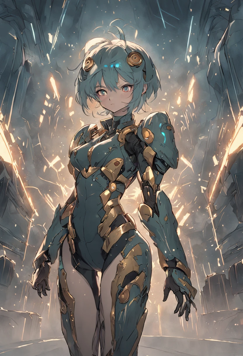 Just a beautiful woman, Wearing a mecha suit+Medieval armor+Samus Alain black garment with gold metal fittings, blue hair, extremely short hair, the hair,Bangs in front of the eyes, helmet on her head, looking at viewert, (((Extroverted postural interaction and dependence on something))), in city, vehicles, makina, ogre, Grande Estrutura em Escala, Beautiful scenery background with sunset, ((full bodyesbian):1.5) ,((Super Metroid)), 16k, hyper HD, Best quality at best, ((Ultra detailed):1), Best resolution, Unreal Engine 5, Professional photography, Perfect_Hands