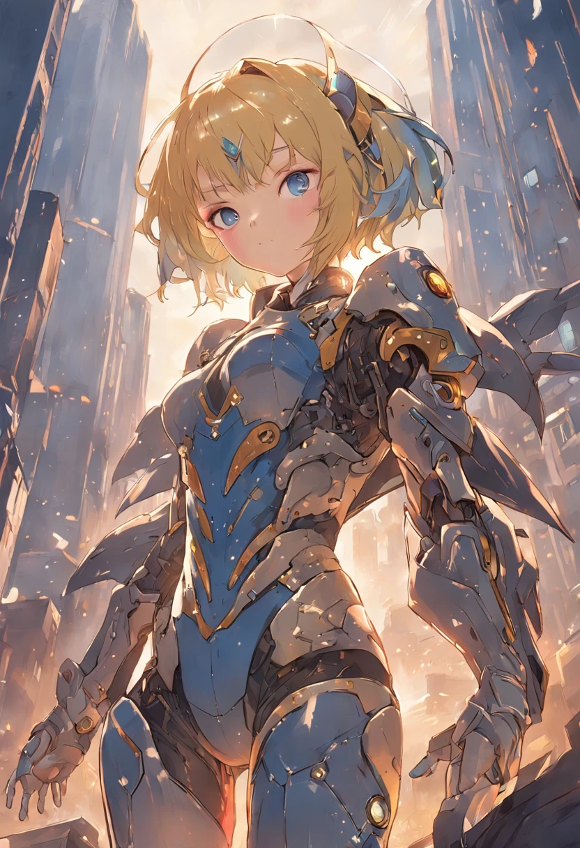 Just a beautiful woman, Wearing a mecha suit+Medieval armor+Samus Alain black garment with gold metal fittings, blue  hair, extremely short hair, the hair，Bangs in front of the eyes, helmet on her head, looking at viewert, (((Extroverted postural interaction and dependence on something))), in city, vehicles, makina, ogre, Grande Estrutura em Escala, Beautiful scenery background with sunset, ((full bodyesbian):1.5) ,((Super Metroid)), 16k, hyper HD, Best quality at best, ((Ultra detailed):1), Best resolution, Unreal Engine 5, Professional photography, Perfect_Hands