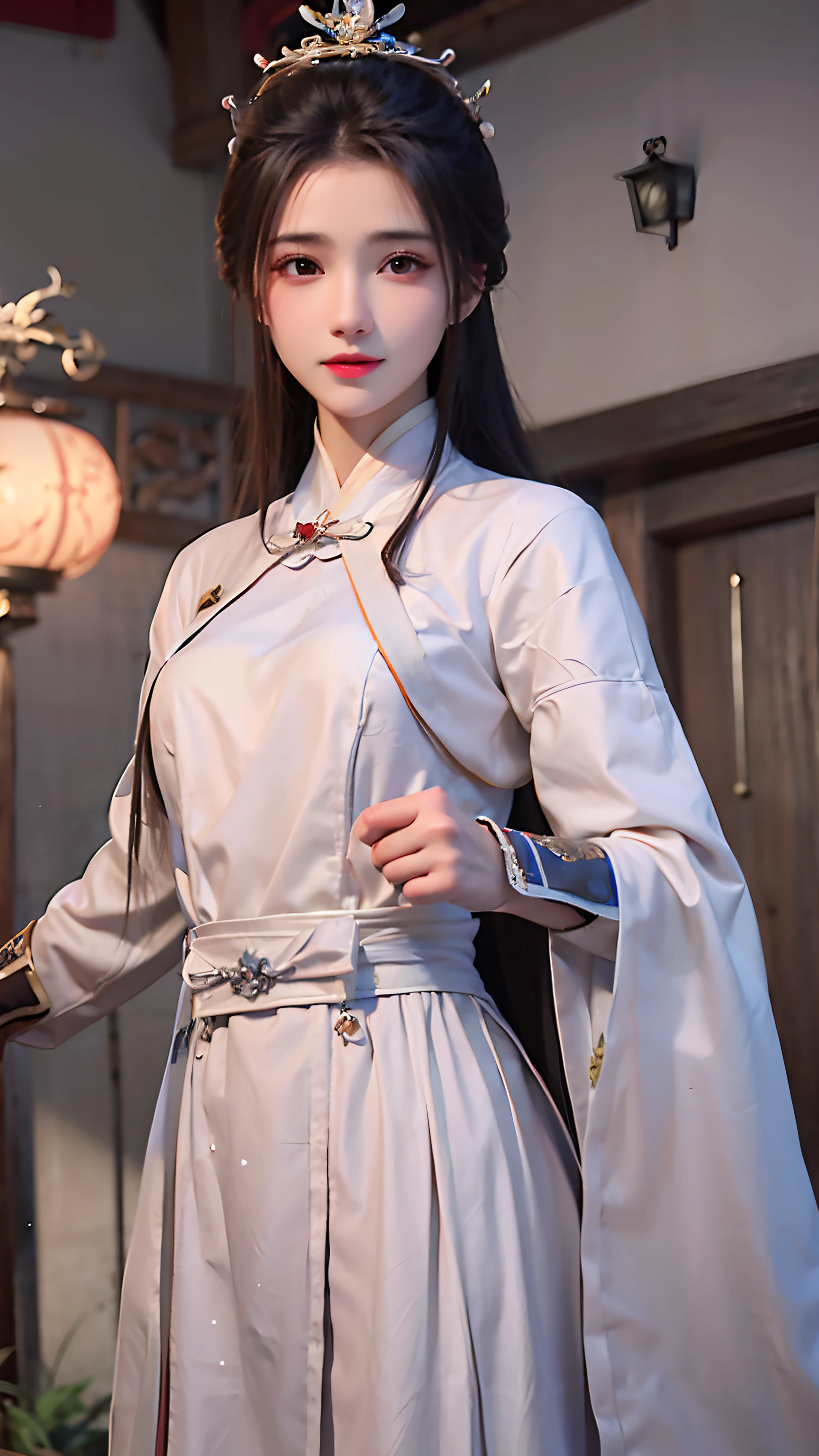 One in a white dress,Close-up of a woman with a crown on her head, White Hanfu, Hanfu, flowing magical robe, full-body wuxia, full-body xianxia, Chinese costume, Palace , A girl in Hanfu, long white robe,Gold accents, Wearing ancient Chinese clothes, astral witch clothes, with acient chinese clothes