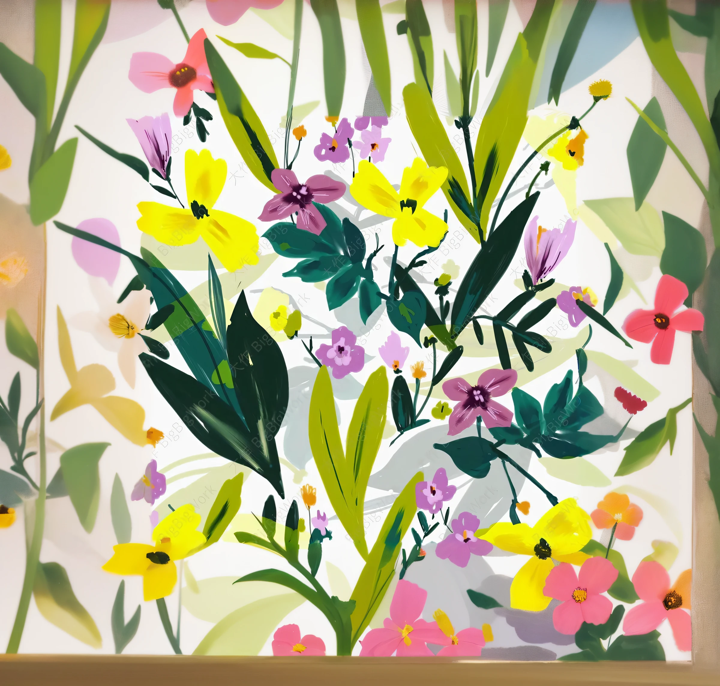 Seamless floral pattern with yellow and pink flowers, floral patterns, lush garden leaves and flowers, floral motives, Garden floral pattern, summer color pattern, floral environment, blooming tropical flowers, tropical flowers, floral flowers colorful, floral explosion, floral design, florest background, Colorful illustration, Neon floral pattern, Acrylic paint style, tropical plants and flowers