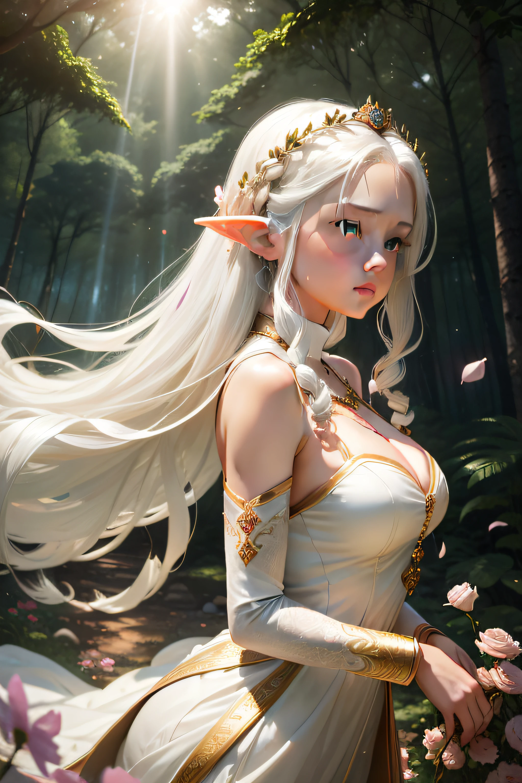 (masterpiece, best quality, high quality, highres, ultra-detailed), realistic,,1 sweet girl, the greater lord rukkhadevata, (side braid:1.1), long hair,((white hair)), leaf hair ornament, (pointy ears), elf, green eyes, pale skin, bare shoulders, (medium breasts), (cleavage:1.1), jewelry, white long dress, (detached sleeves:1.1), bracelet, (looking away:1.2), (hair floating:1.3), from side,,(in forest:1.3), (pink flowers:1.1), (falling petals:1.1), (lens flare from right:1.2), (god rays from right:1.2),,