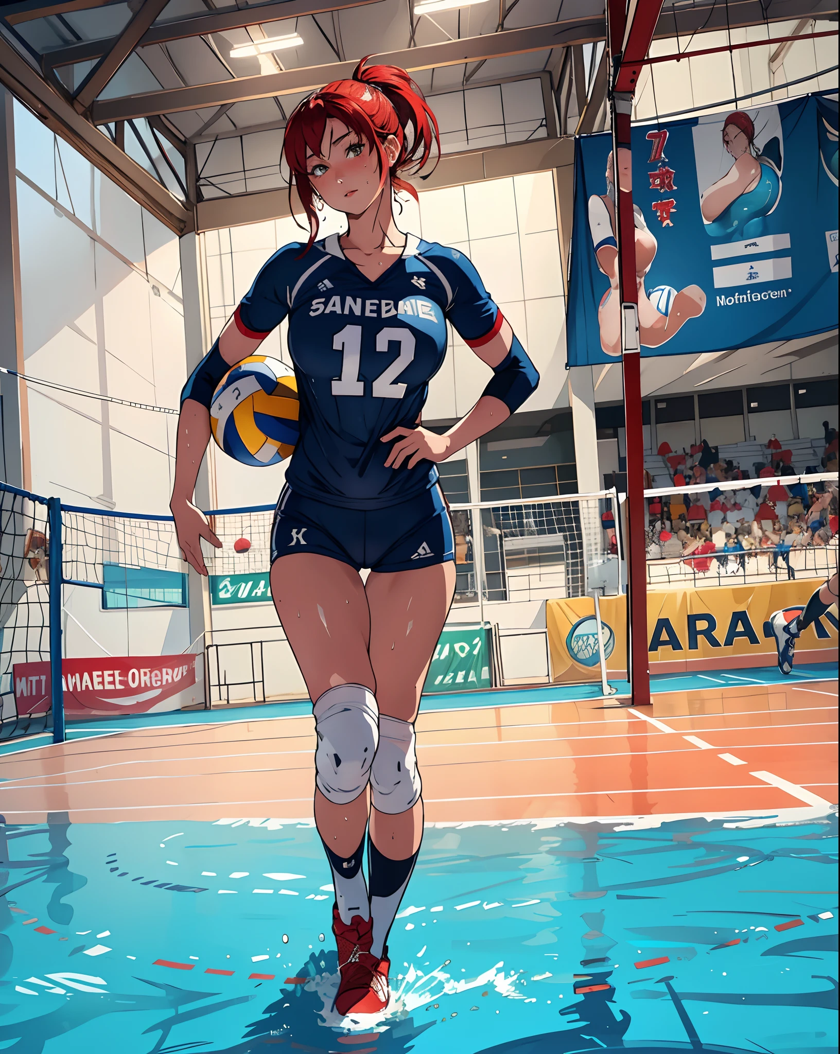 masterpiece:1.2, best quality), realistic, (real picture, intricate details, depth of field), (1girl, solo), make up, parted lips, highly-detailed, perfect face, (huge breasts:1.4), (skindentation), thick thighs, wide hips, small waist, tall, glossy coral lips, red hairs, red eyes, ponytail, (A girl playing volleyball, white volleyball uniform), (sweating:1.2), (wet), sexy, blushing,