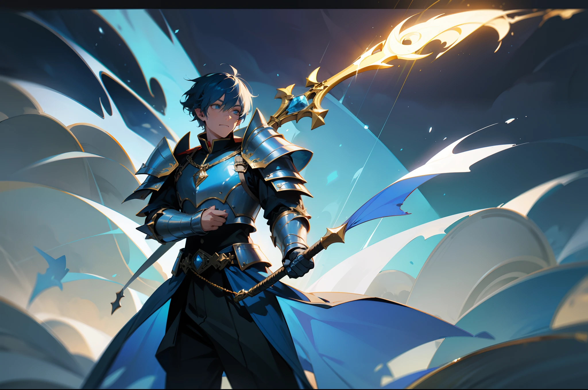 One guy,blue short hair,middle aged man,Blue pupil,Fang,elvish ears,On the head is armor,Wearing dark blue armor,Jewelry as decoration,Marine elements,Holding a golden trident in his hand,The background is the waves,4K,Dingdall effect,The weather is cloudy,But there is a light in the sky,Lighting effects enhanced,Poster effect