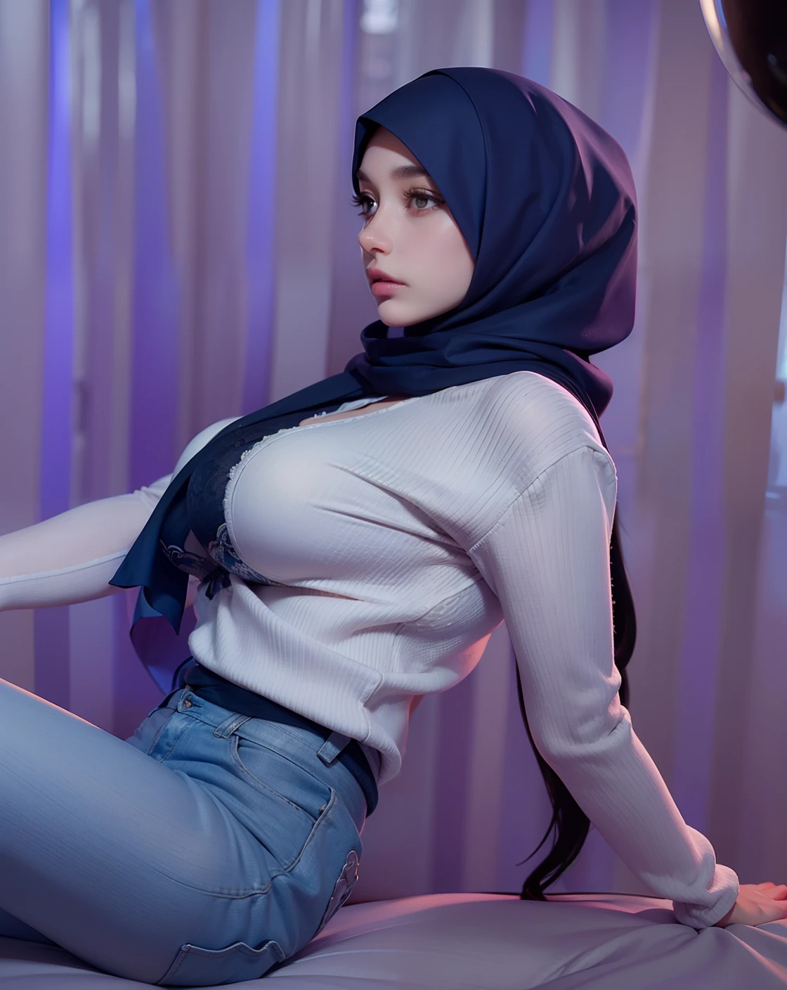 FULL BODYSHOT, (Masterpiece, realistic, best quality, best lighting, 1 girl photo solo, beautifully makeup, eyeshadow, Parted Lips, Detailed Eyes, beautiful big eyes, long eye lashes, smile, wearing ((Dark blue satin headscarf)), loosely tide hijab style, ((Taupe satin shirt)), satin long skirt, sleeping on a bed