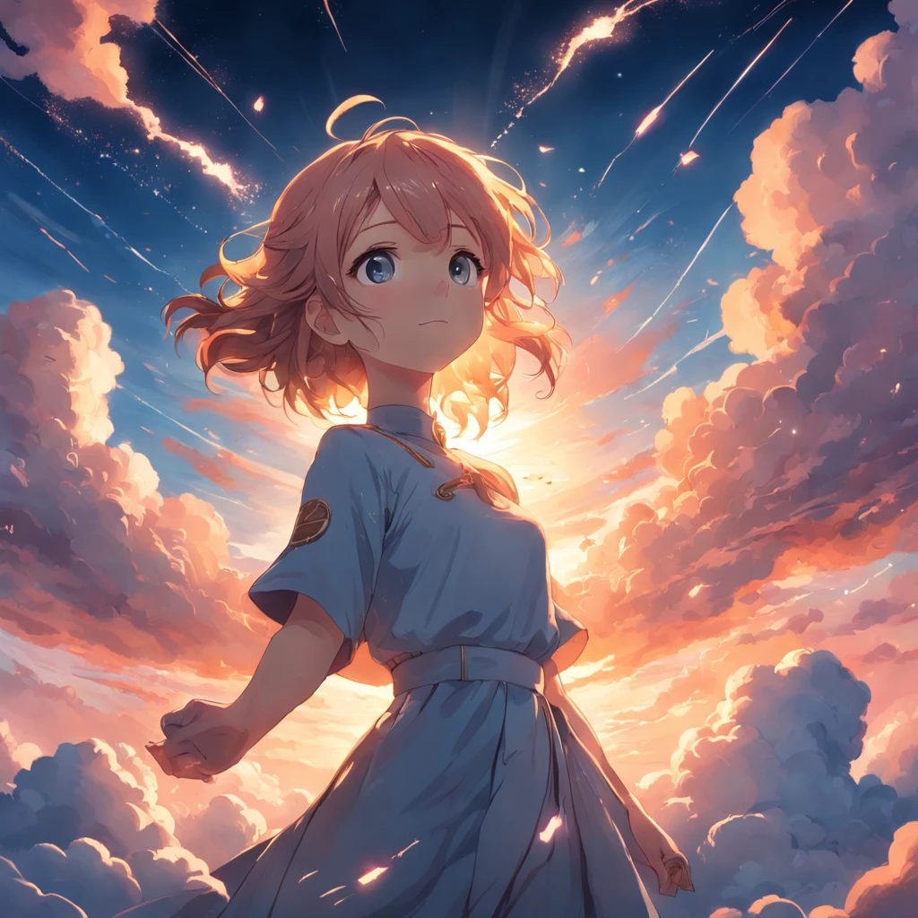 "Create a masterpiece with the best quality, resembling a movie still featuring a single girl. Depict a cloud girl gracefully floating in the sky captured in a close-up shot with bright and happy vibes. Illuminate the scene with warm soft lighting reminiscent of a beautiful sunset. Incorporate sparks with a weight of 0.7."