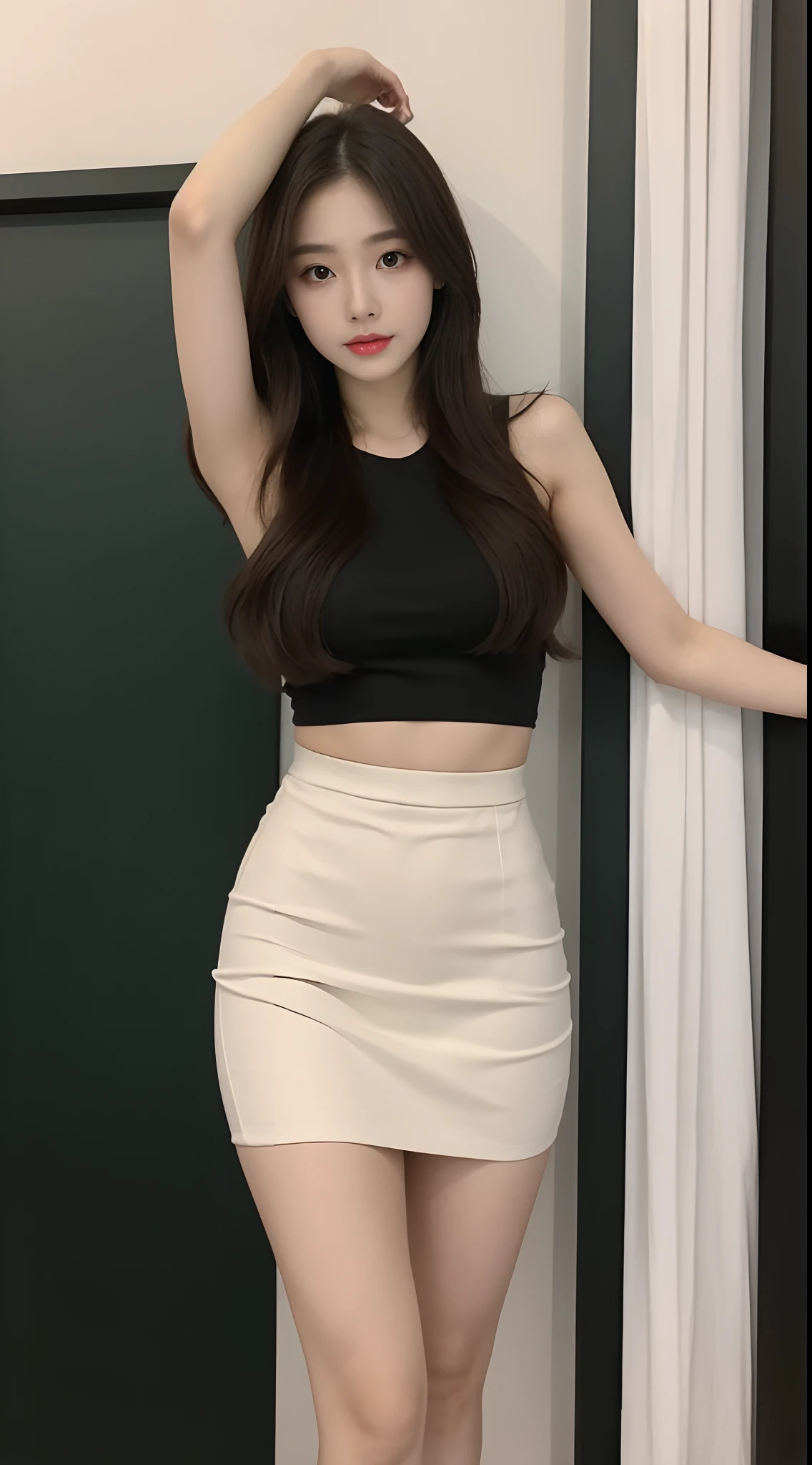 ((Realistic lighting、top-quality、8K、masterpiece:1.3))、Clear focus:1.2、1girl in、perfectbodybeauty:1.4、Slim abs:1.1、full body Esbian、((dark brown hair、Big:1.3))、(Acceleration:1.4)、(outside of house、natta:1.1)、Street、Slender face、Narrow-eyes、二重まぶた、length hair、Swaying hair、Exposed cleavage、Brush your hair with both hands、Floating hair、Tank tops、Ultra mini skirt、a necklace、Fashionable、