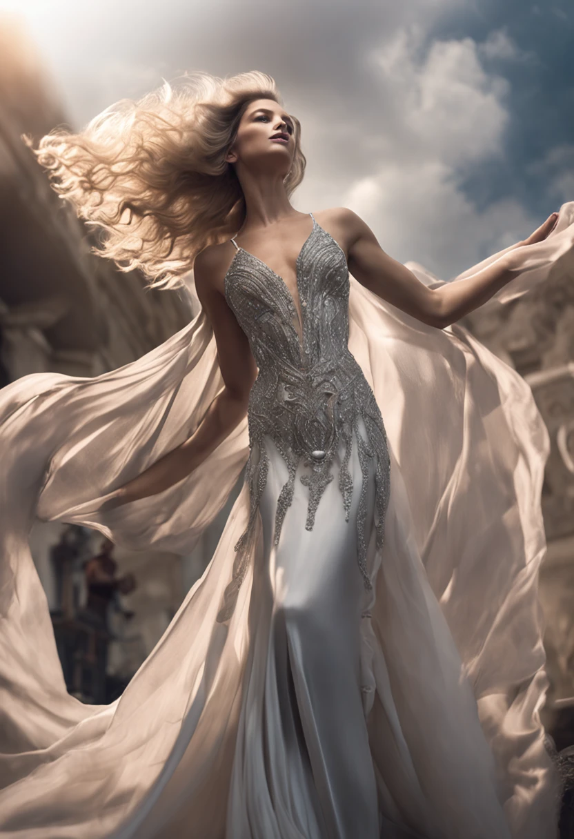"A captivating, divine being with cascading silver locks, elegantly draped in a flowing gown, gracefully gliding up in the air like magic, floating above an enraptured audience, showcasing her modeling expertise on a grand catwalk."