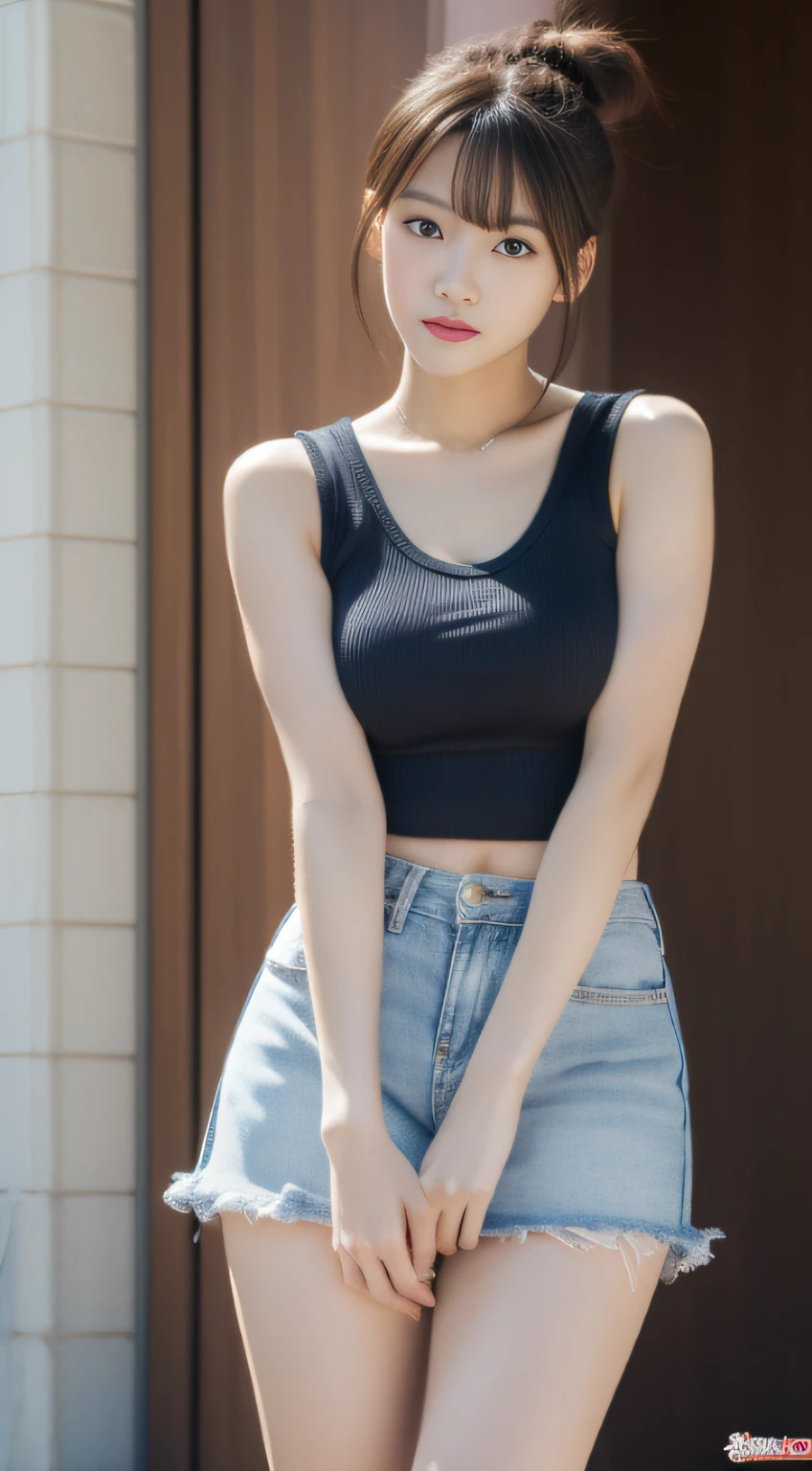 8K resolution, super high resolution, best picture quality, master works, HD phase, beautiful girl, moist lips, peerless beauty, messy black straight hair, shoulder-length short hair, fluffy hair, rich and beautiful makeup, exquisite and perfect facial features, sapphire-like pupils, rosy face, melon seed face, sweet smile, super slim body, night beach, beach, (wearing orange high-waisted crop top tight T-shirt), black short skirt, macro shooting, mobile phone camera, night mode,