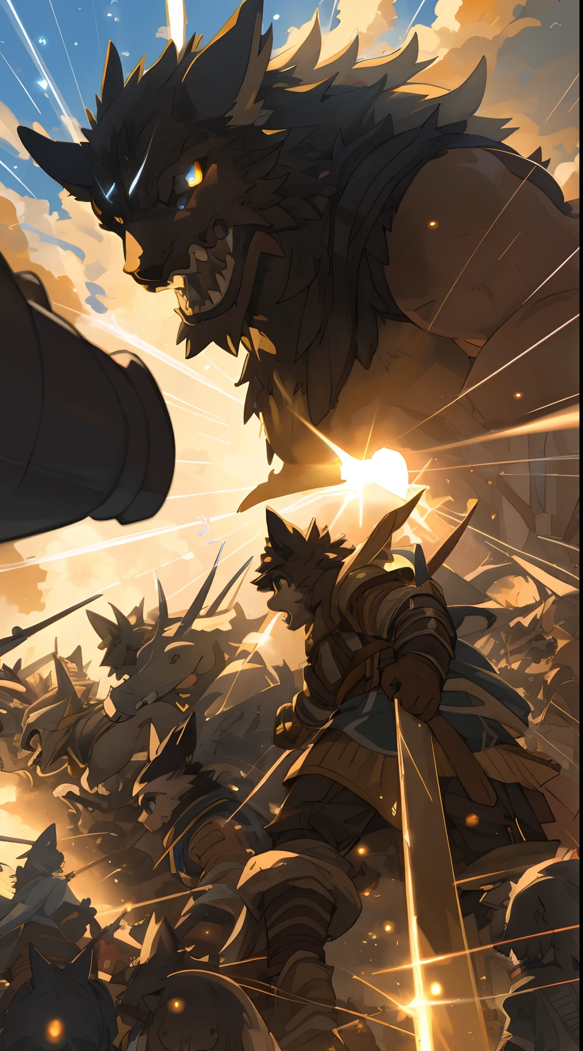 top quality, best quality, High-quality illustrations, masterpiece, super high resolution, detailed background, Back alleys((battle movie of Terrifying creatures and human child)), 6+boys, 6+girls, absurdres(highly detailed beautiful face and eyes)perfect anatomy, expression, caustics, light rays, dynamic lighting, light particles, lens flare, cinematic shadow(kemono, furry anthro)assorted poses, dynamic angle,