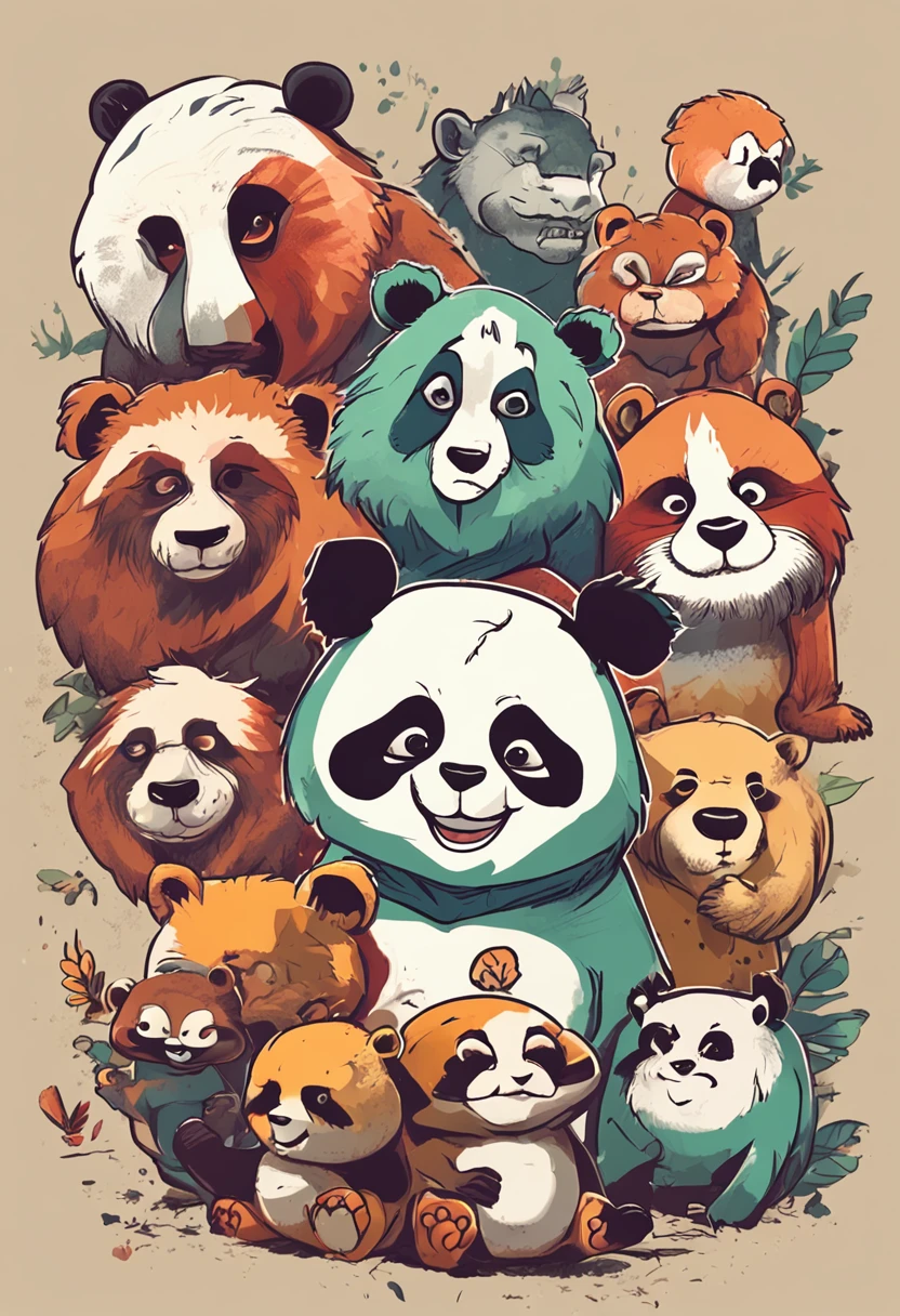 Cute mixed forest animals like clipart of monkeys,Elefat, Panda and tiger stickers,Multiple facial expressions, Many gestures, style cartoon, colours, Two-dimensional, planar vector, Character design, T-shirt design, Stickers, Colorful splashes, and T-shirt design, Studio Ghibli Style, soft tetrad color, vectorial art, Fantasy art, Watercolor effect, Alphonse Mucha, Adobe illustrator, Digital painting, low polygon, Soft lighting, Aerial view, Isometric style, retro aesthetic, white backround, 8K resolution, rendering by octane