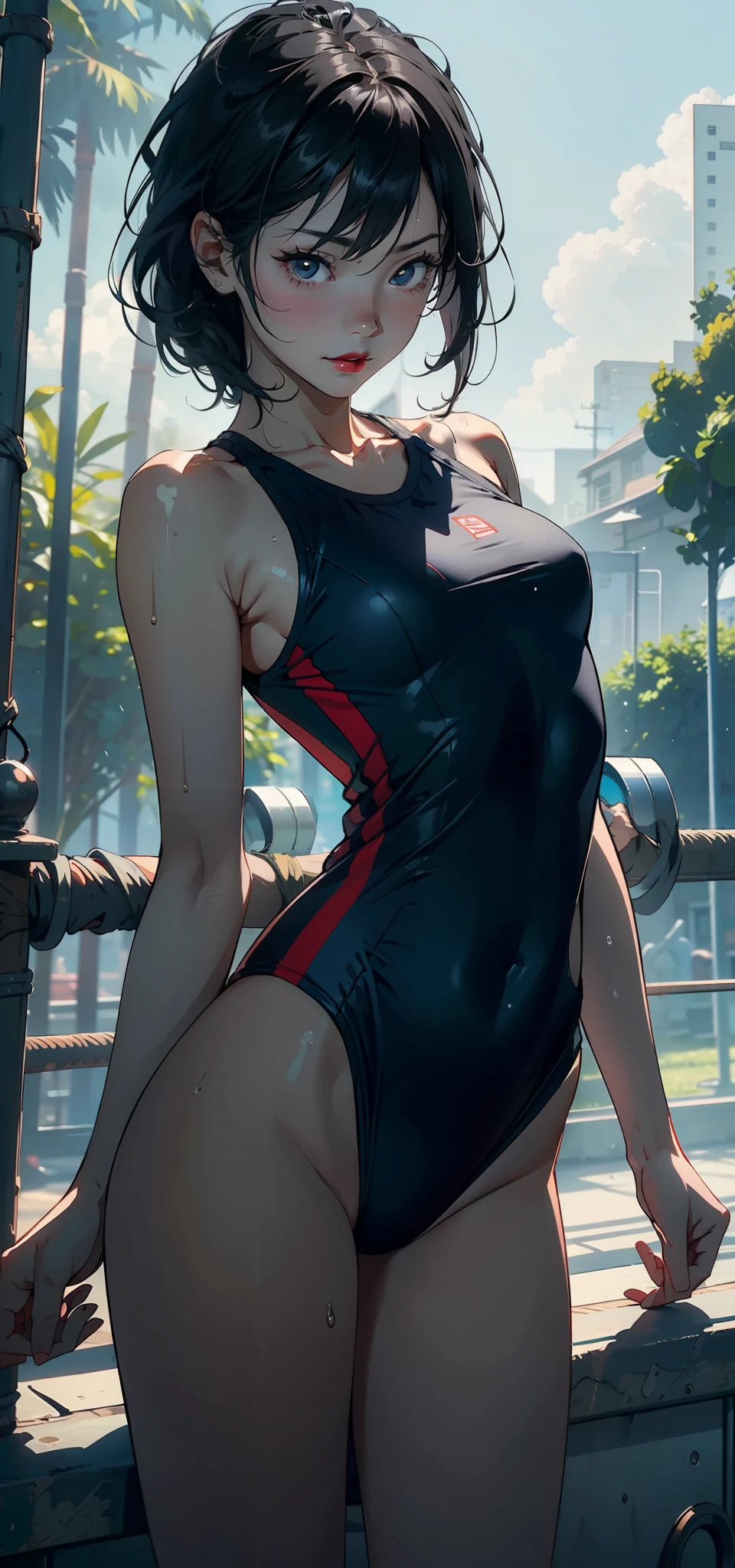 1female,3 ,Small loli,bit rl,smallunderboob,Pornographic exposure, 独奏,(Background with:bamboo forrest,basketball playground) She has very short black hair,standing on your feet,Sweat profusely,drenched all over the body,seen from the front, hair straight, mostly cloudy sky,(((tmasterpiece),(Very detailed CG unity 8K wallpaper),best qualtiy,cinmatic lighting,detailed back ground,beatiful detailed eyes,Bright pupils,(Very fine and beautiful),(Beautiful and detailed eye description),Black eyes,Redlip,ultra - detailed,tmasterpiece,)),facing at camera,(The upper part of the body),A high resolution,ultra - detailed),Show the abdomen,revealing breasts,Bare genitalia, Bulge,legs are open,sexyposture,Camel toes,Flushed complexion,ssmile,frontage,cropped shoulders,elementary ne-piece sportswear set,athletic sneakers)