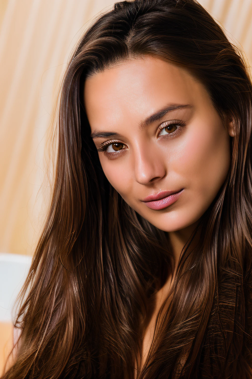 Body Portrait of model DOMINIKA C with long light brown Hair Style, Beautiful, perfect eyes, (Eye makeup:1.1), (highly detailed skin:1.1), (perfect small ), Perfect Slim body, wearing a white bath towel, ((SFW)) , Realistic, PHOTOREALISTIC, detailed face, soft lighting, Modelshoot style, Professional photography, standing in a dark studio background, blurred background, RAW, analog style, sharp focus, 8k UHD, DSLR, high quality, Fujifilm XT3, grain, award winning, masterpiece,