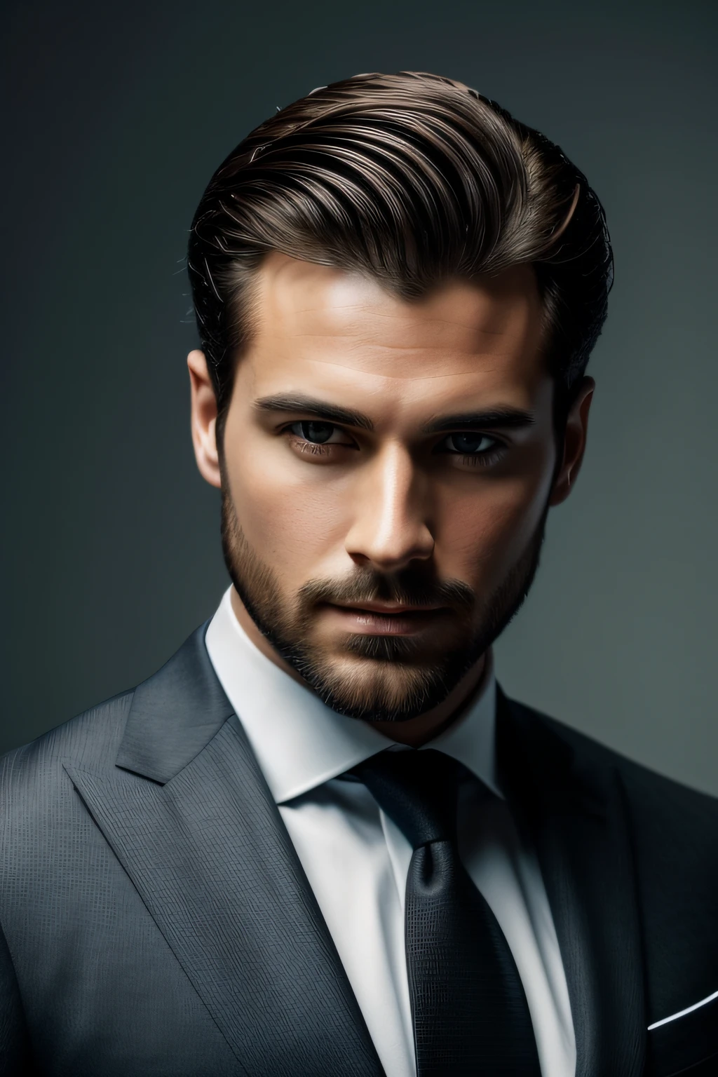 (piece of master), (best quality), cinemactic, photorealism, rendered, Realistic, ultra detailed, perfect face, portrait frame, chest up, elegant man, man in suit, 24 year old man, short beard, brown eyes, black suit, tie, expensive suit, successful businessman, CEO, short hair, dark hair, hair combed to the right side, front, beautiful