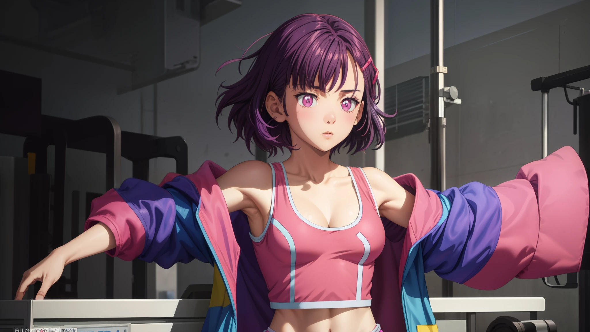 1girl, focused upper body, realistic, (short purple hair and hair clip), purple eyes, standing pose, (pink tanktop and pink skirt, blue jacket), purple background