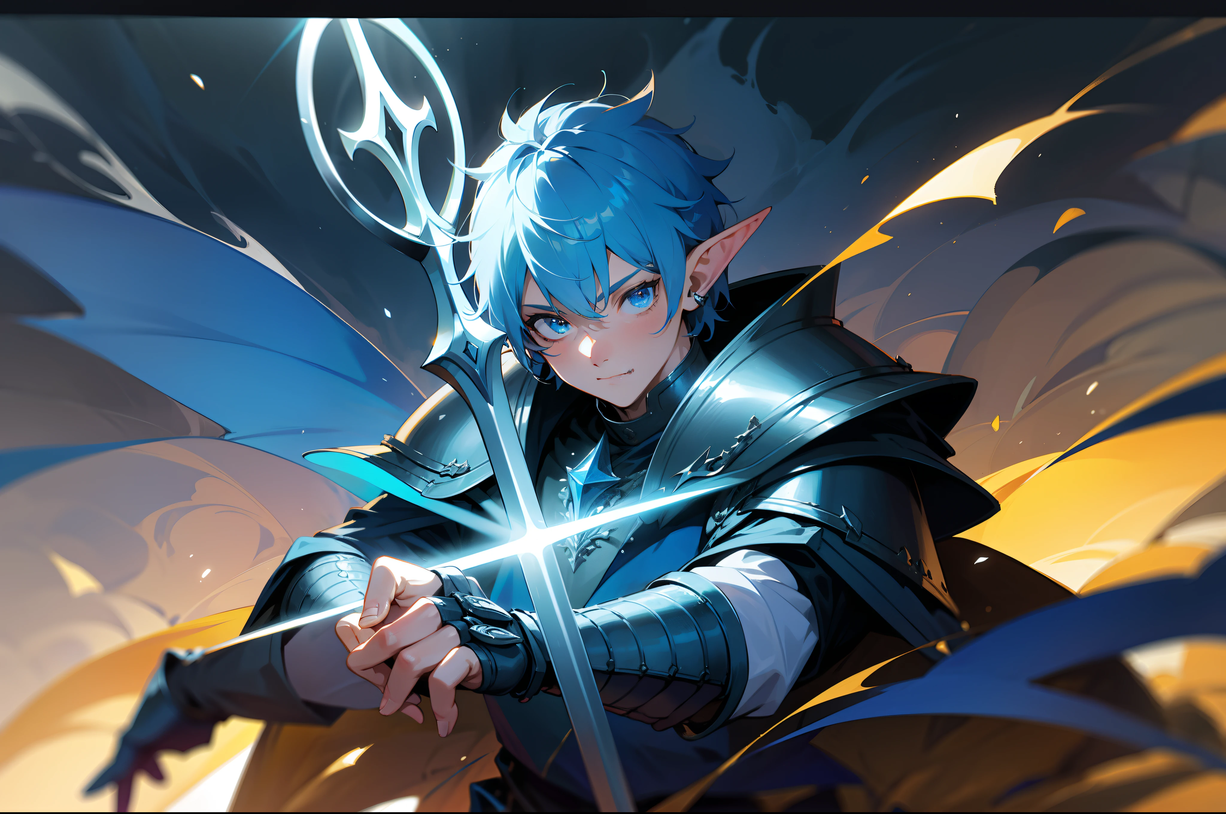 One guy,blue short hair,middle aged man,Blue pupil,Fang,elvish ears,On the head is armor,Wearing dark blue armor,Jewelry as decoration,Marine elements,Holding a golden trident in his hand,The background is the waves,4K,Dingdall effect,The weather is cloudy,But there is a light in the sky,Lighting effects enhanced,Poster effect