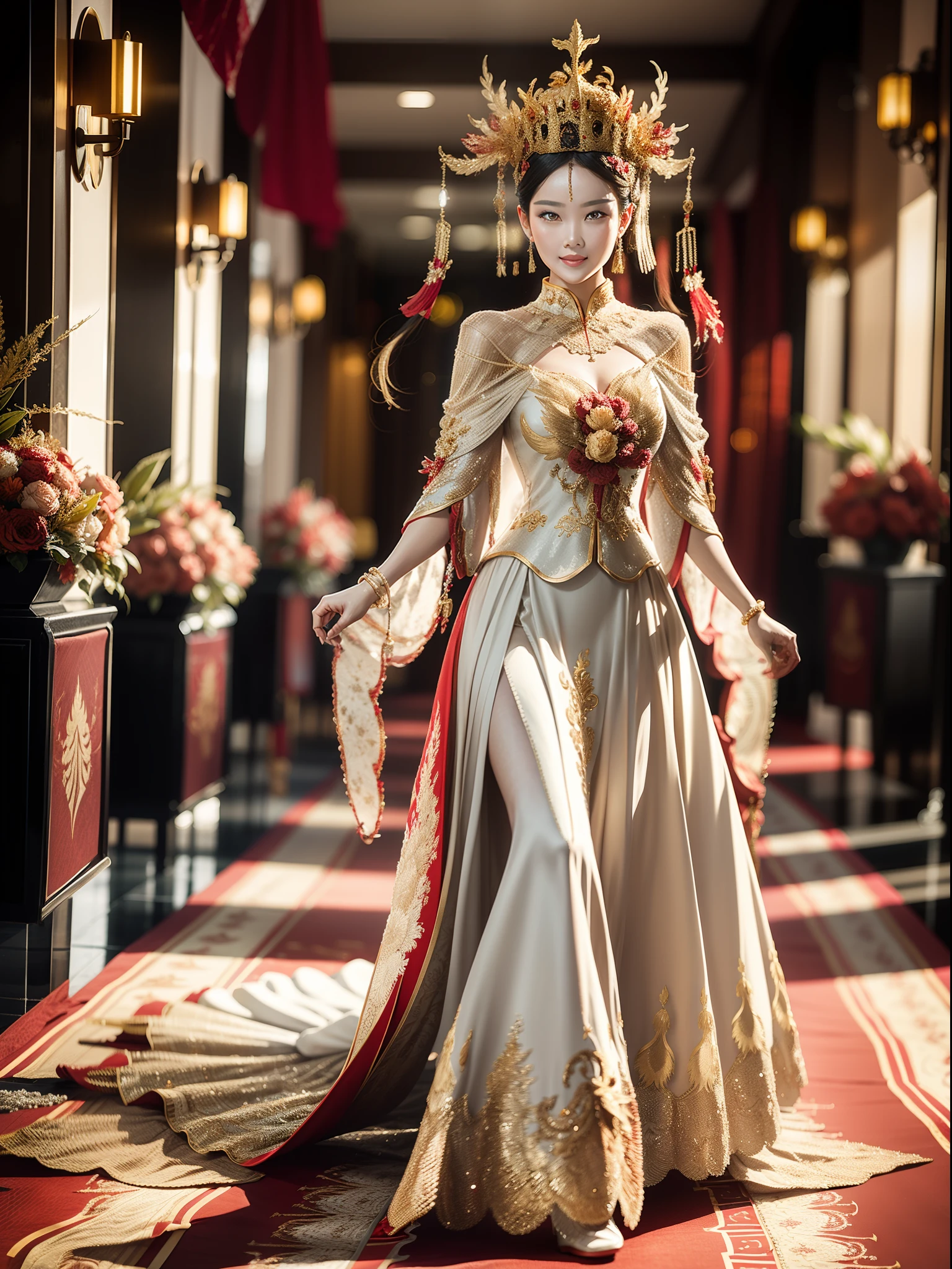 A woman in a gold-trimmed white dress walks the red carpet in the middle of the wedding hall,Wearing a golden phoenix crown headdress
